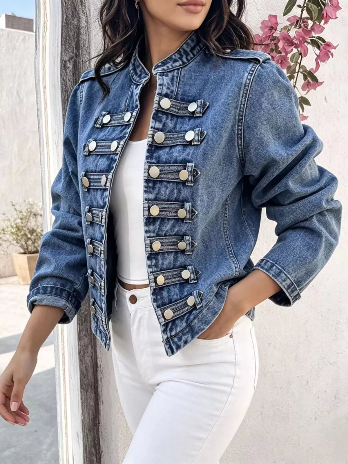 Washed Denim Military Inspired Jacket - Premium variable from Tooksie - Just $78.99! Shop now at Tooksie
