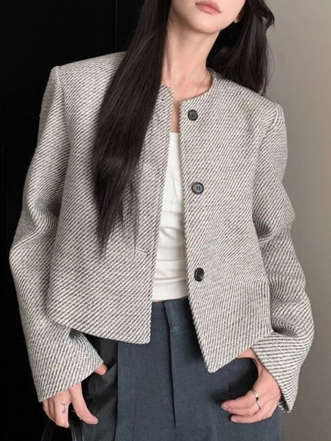 Button Up Tweed Cropped Jacket - Premium variable from Tooksie - Just $38.99! Shop now at Tooksie