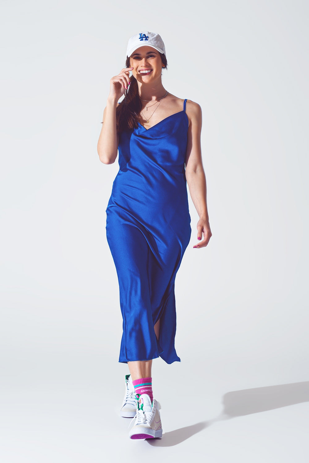 Electric Blue Satin Slip Dress with Waterfall Neckline - Premium variable from Tooksie - Just $59.90! Shop now at Tooksie