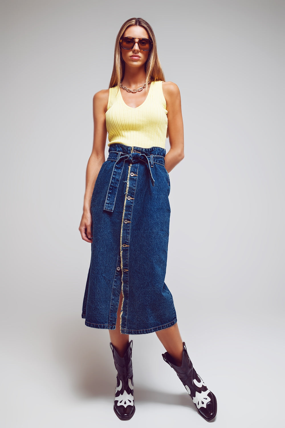 Belted Buttoned Denim Midi Skirt