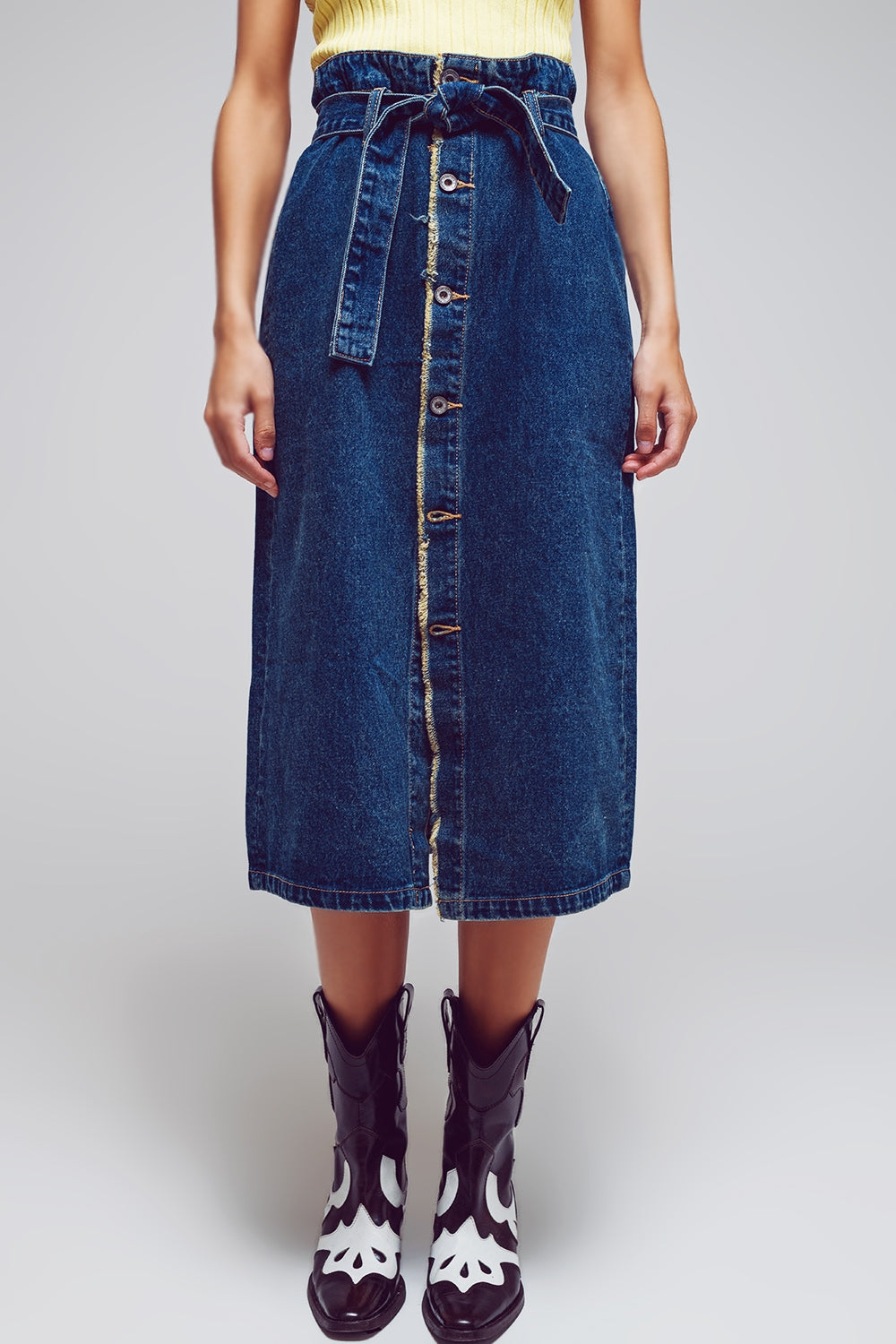 Belted Buttoned Denim Midi Skirt