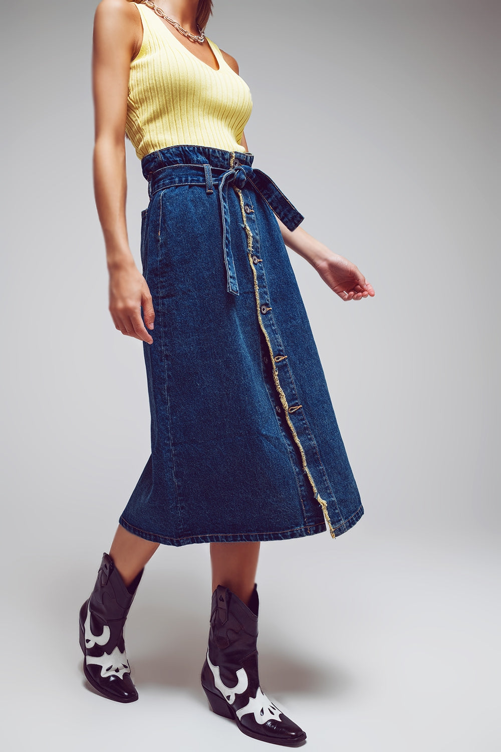 Belted Buttoned Denim Midi Skirt