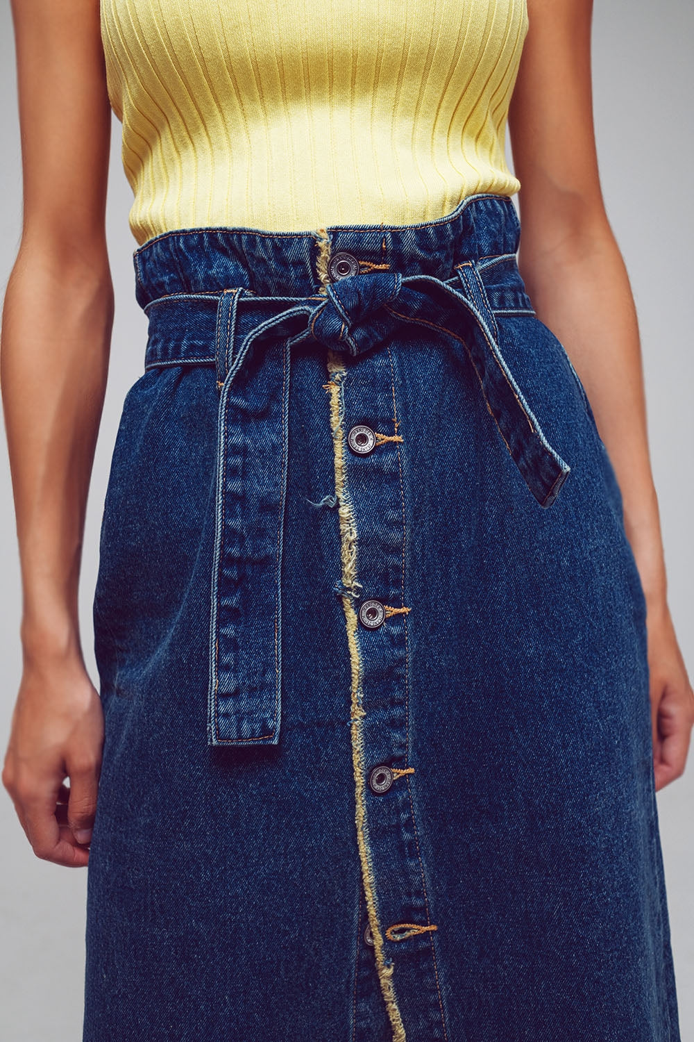Belted Buttoned Denim Midi Skirt