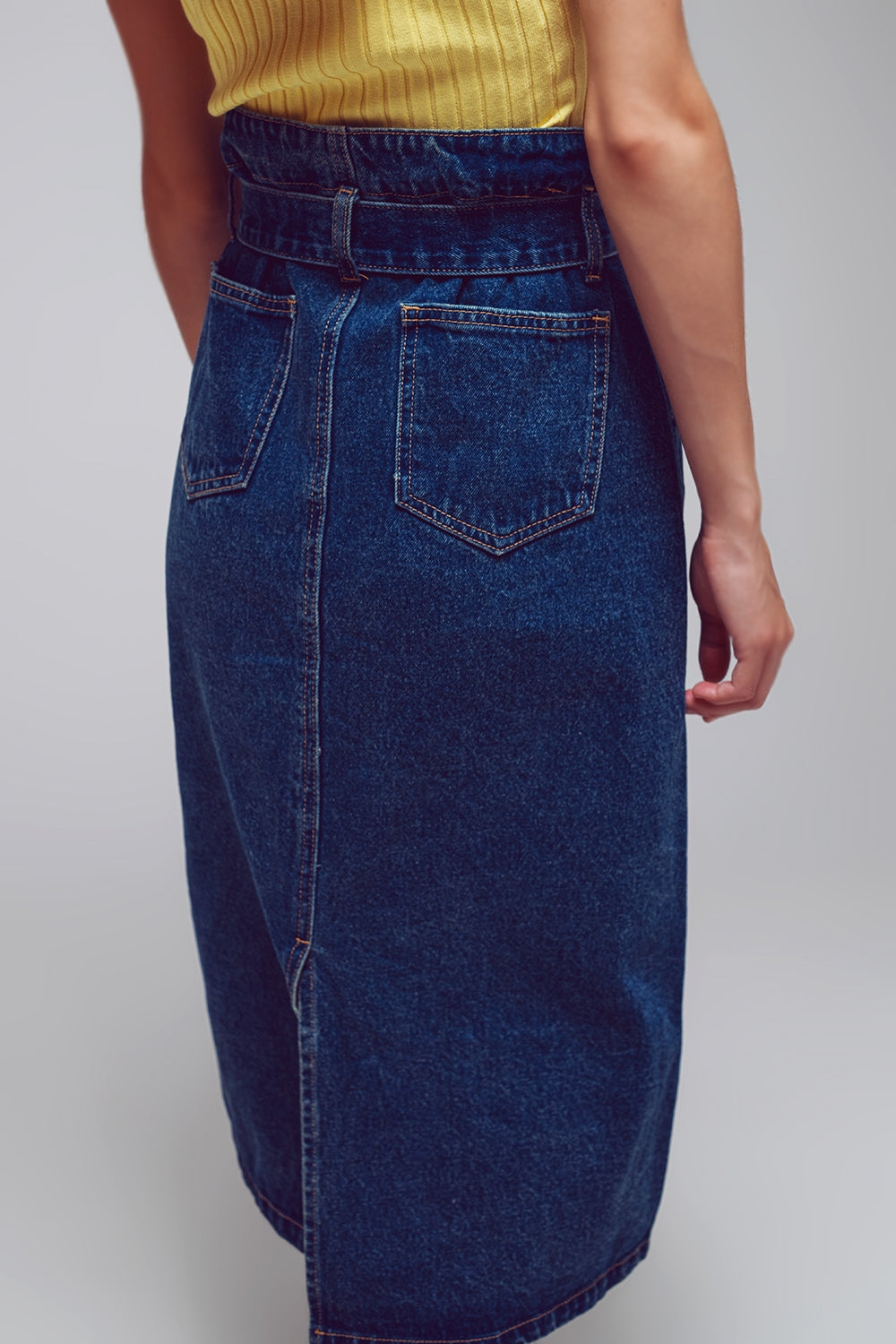 Belted Buttoned Denim Midi Skirt