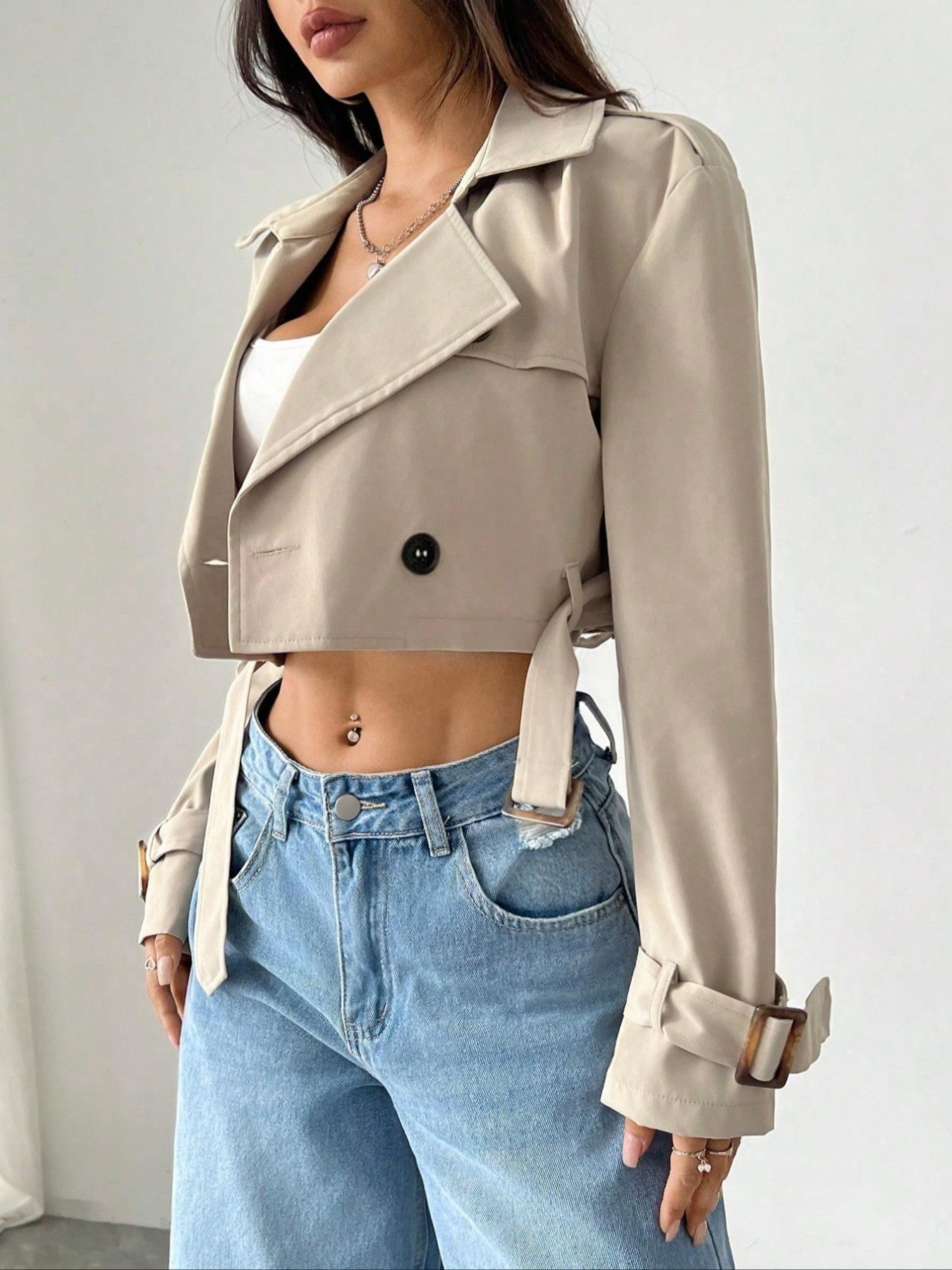Double-Breasted Cropped Trench Coat - Premium variable from Tooksie - Just $47.99! Shop now at Tooksie