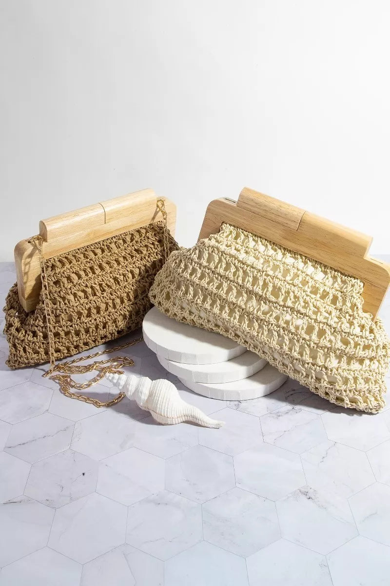 Straw Braided Wooden Top Frame Clutch Bag - Premium simple from Tooksie - Just $48.99! Shop now at Tooksie