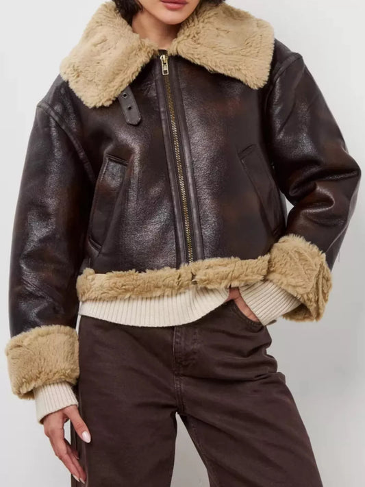Faux Leather Aviator Jacket with Shearling Trim - Premium variable from Tooksie - Just $120.99! Shop now at Tooksie
