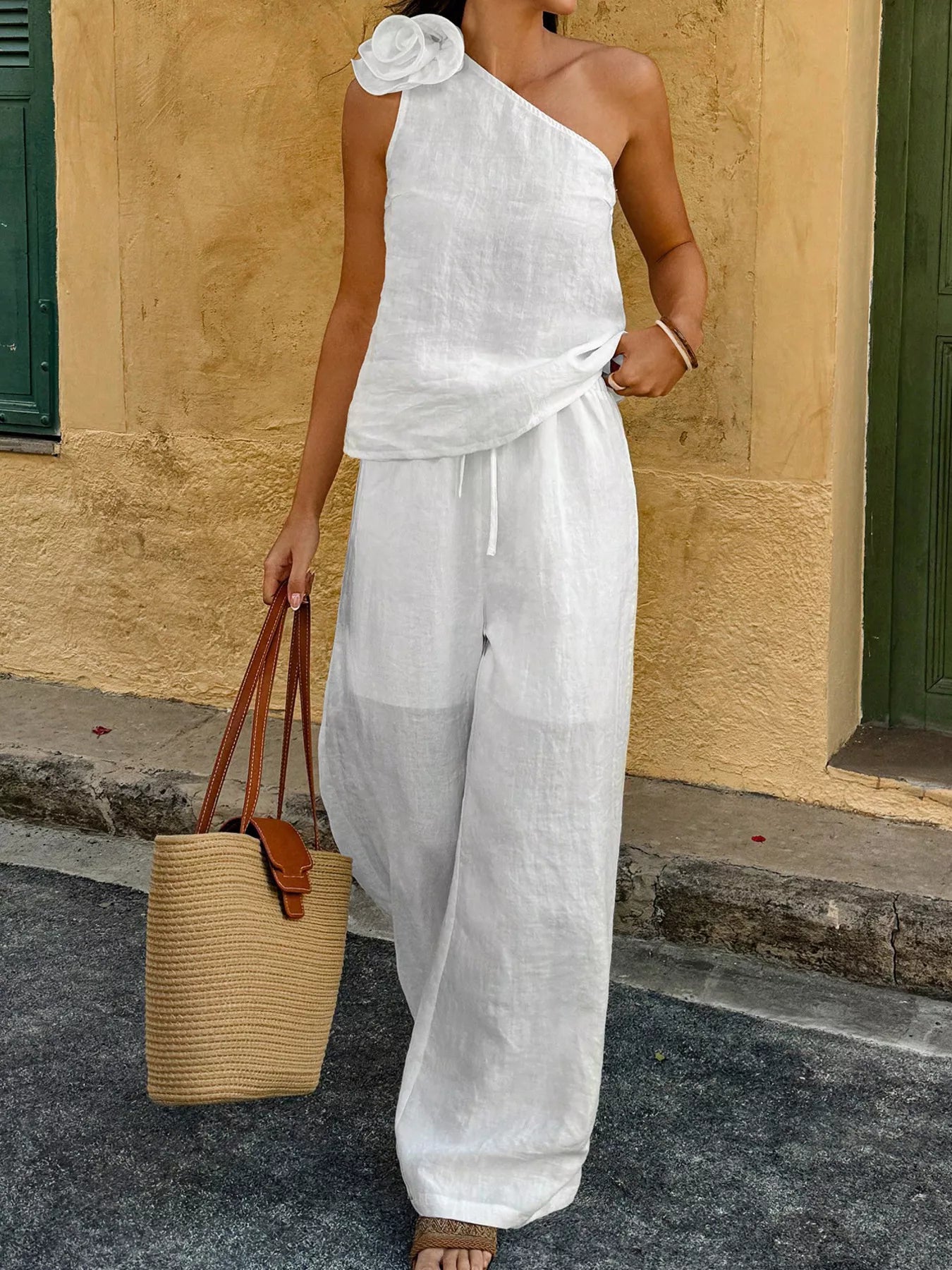 One-Shoulder Floral Embellished Top and Trouser Set - Premium variable from Tooksie - Just $46.99! Shop now at Tooksie