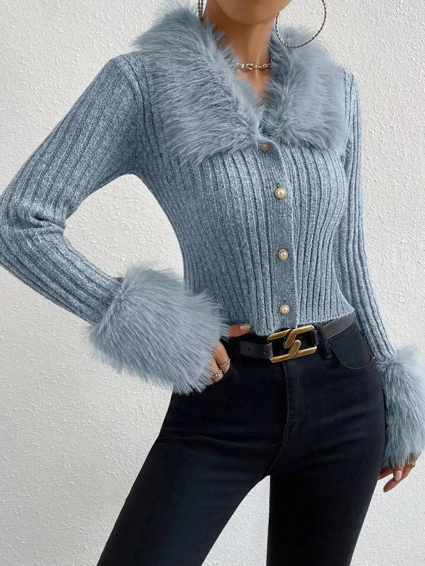 Faux Fur Trim Ribbed Knit Cropped Cardigan - Premium variable from Tooksie - Just $49.99! Shop now at Tooksie
