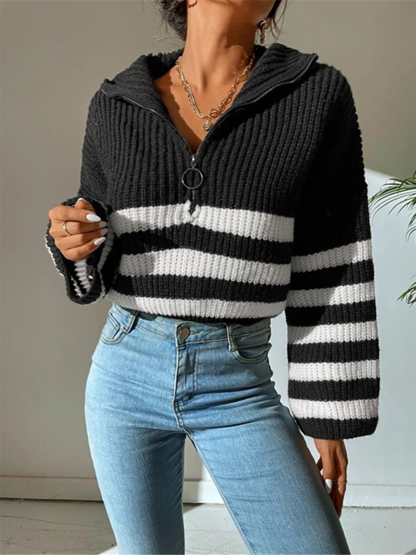 Striped Half Zip Cropped Sweater - Premium variable from Tooksie - Just $39.99! Shop now at Tooksie