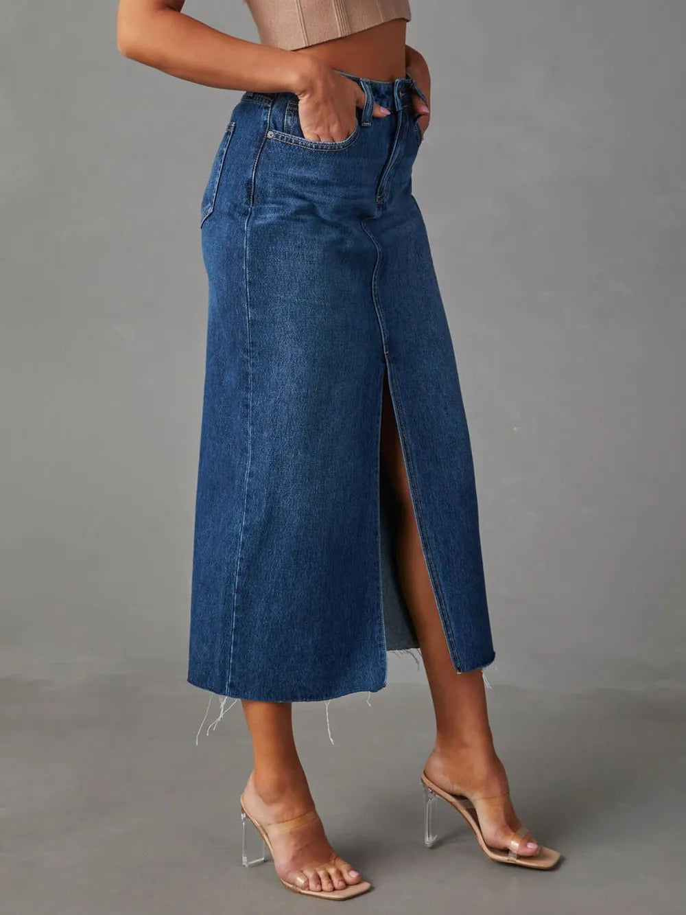 Raw Hem Front Slit Denim Midi Skirt - Premium variable from Tooksie - Just $34.99! Shop now at Tooksie