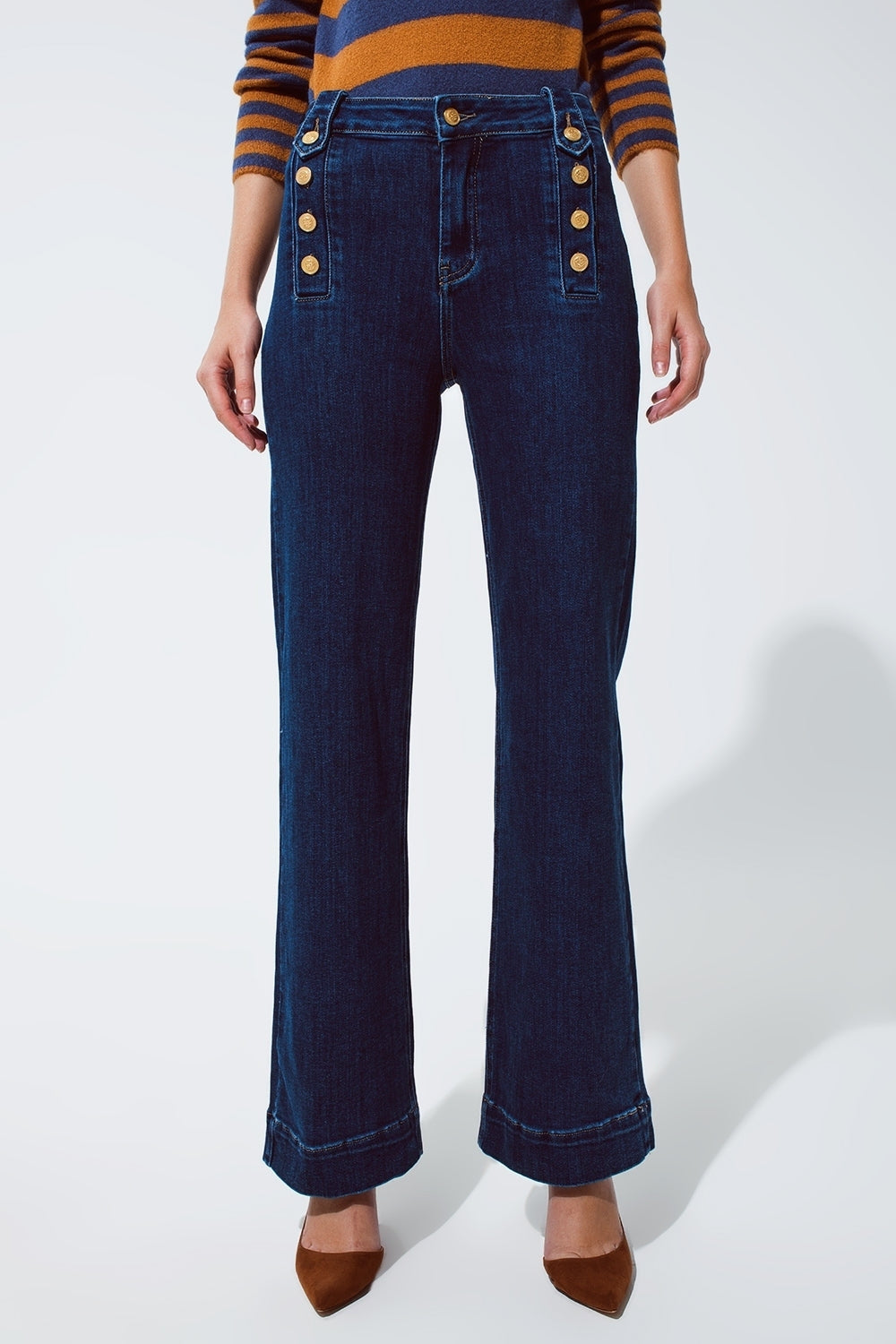 Marine Flare Jeans With Button Detailing in Mid wash - Premium variable from Tooksie - Just $76.90! Shop now at Tooksie