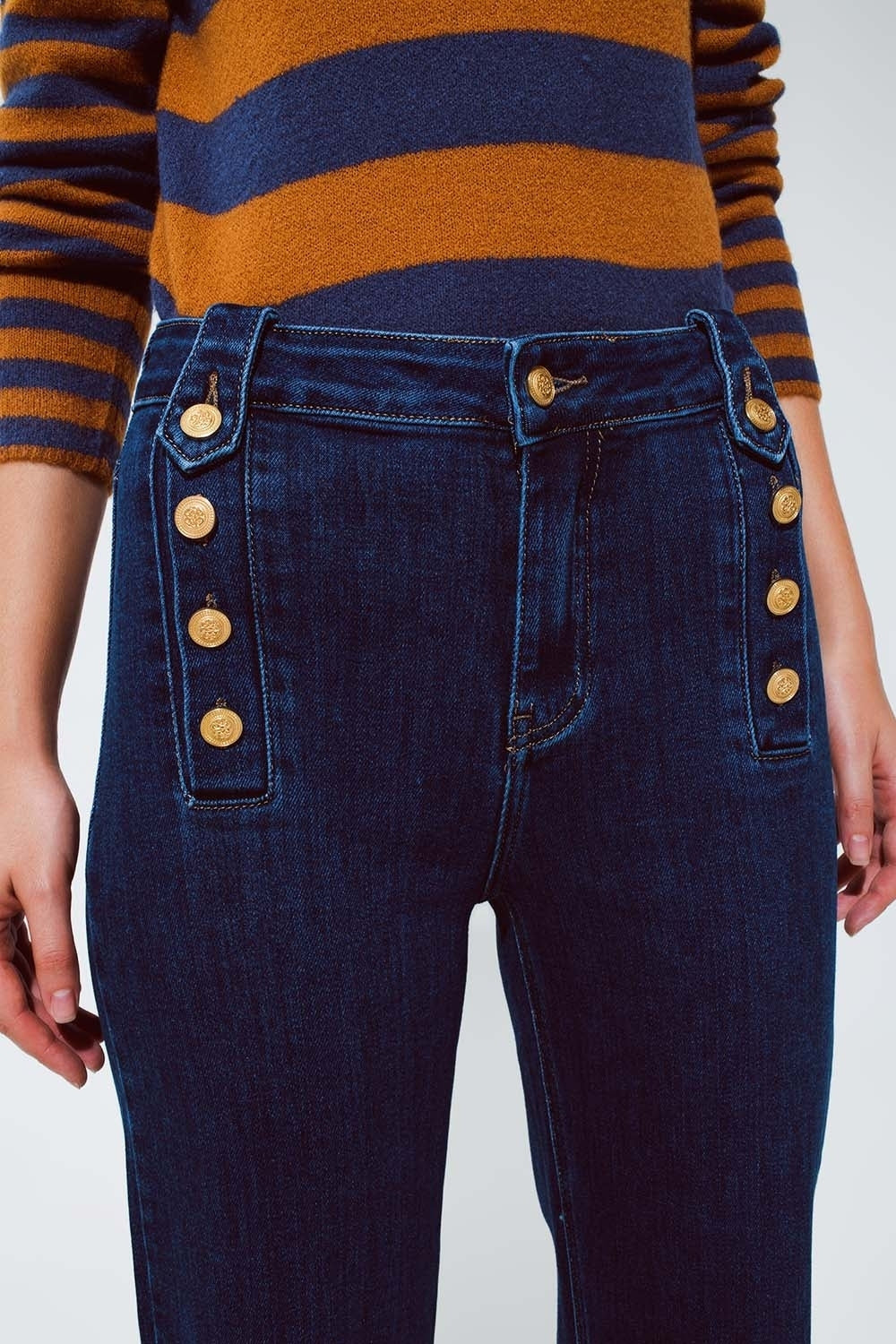 Marine Flare Jeans With Button Detailing in Mid wash - Premium variable from Tooksie - Just $76.90! Shop now at Tooksie