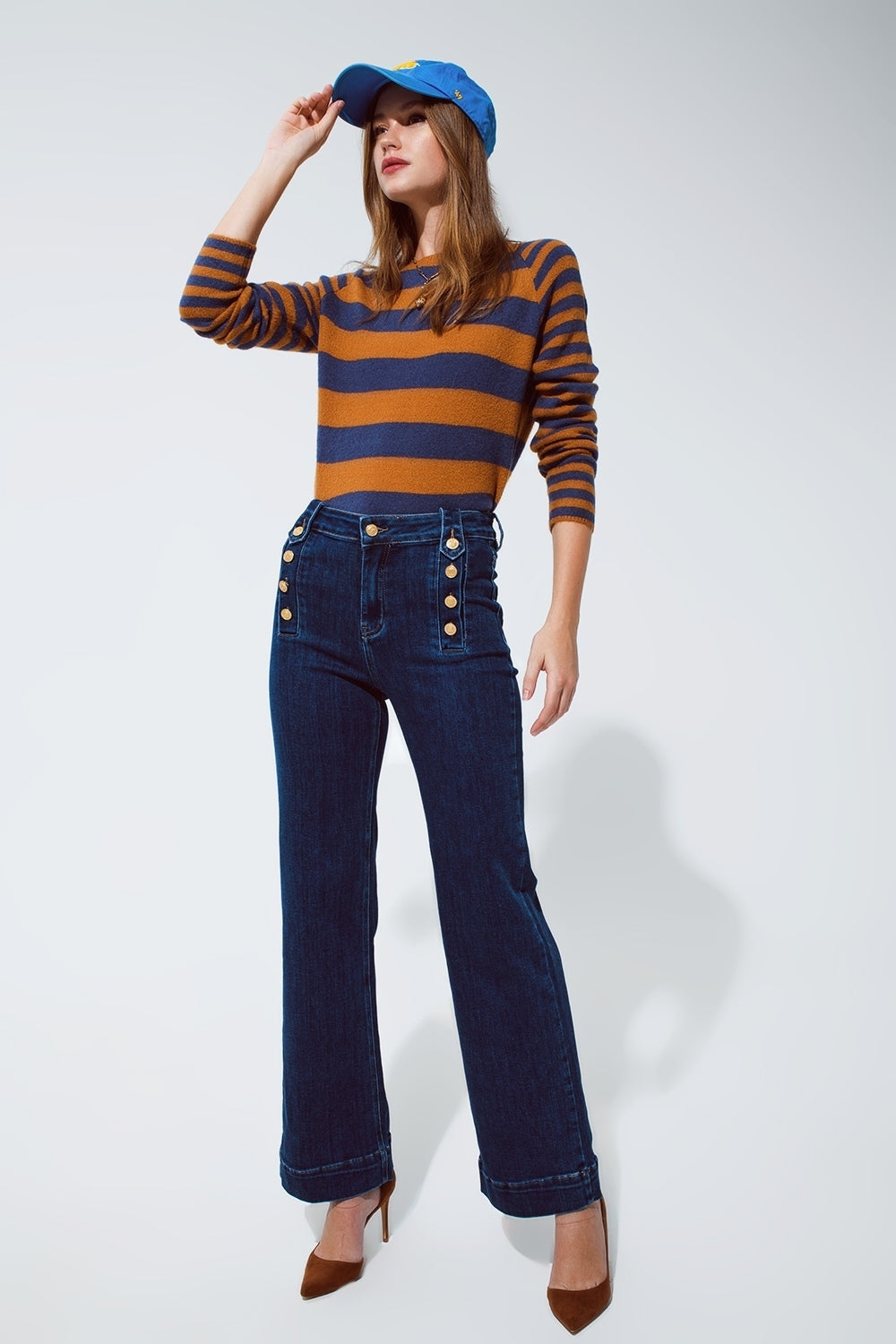 Marine Flare Jeans With Button Detailing in Mid wash - Premium variable from Tooksie - Just $76.90! Shop now at Tooksie