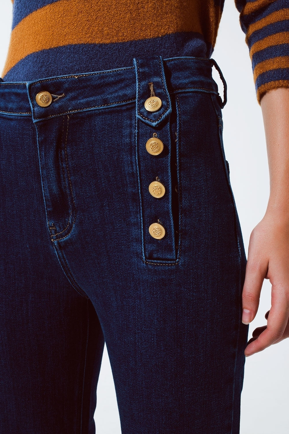 Marine Flare Jeans With Button Detailing in Mid wash - Premium variable from Tooksie - Just $76.90! Shop now at Tooksie