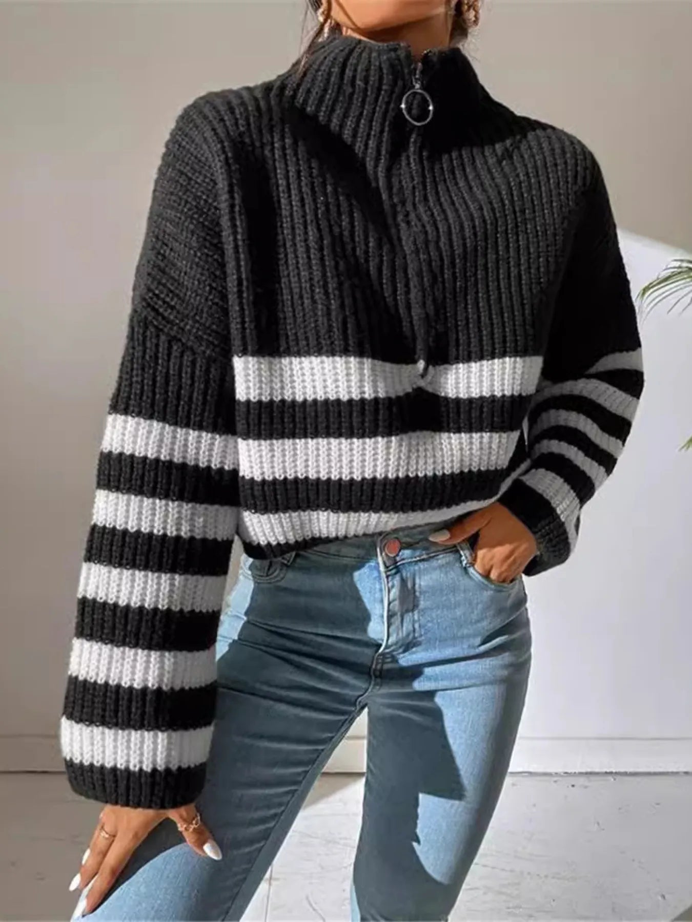 Striped Half Zip Cropped Sweater - Premium variable from Tooksie - Just $39.99! Shop now at Tooksie