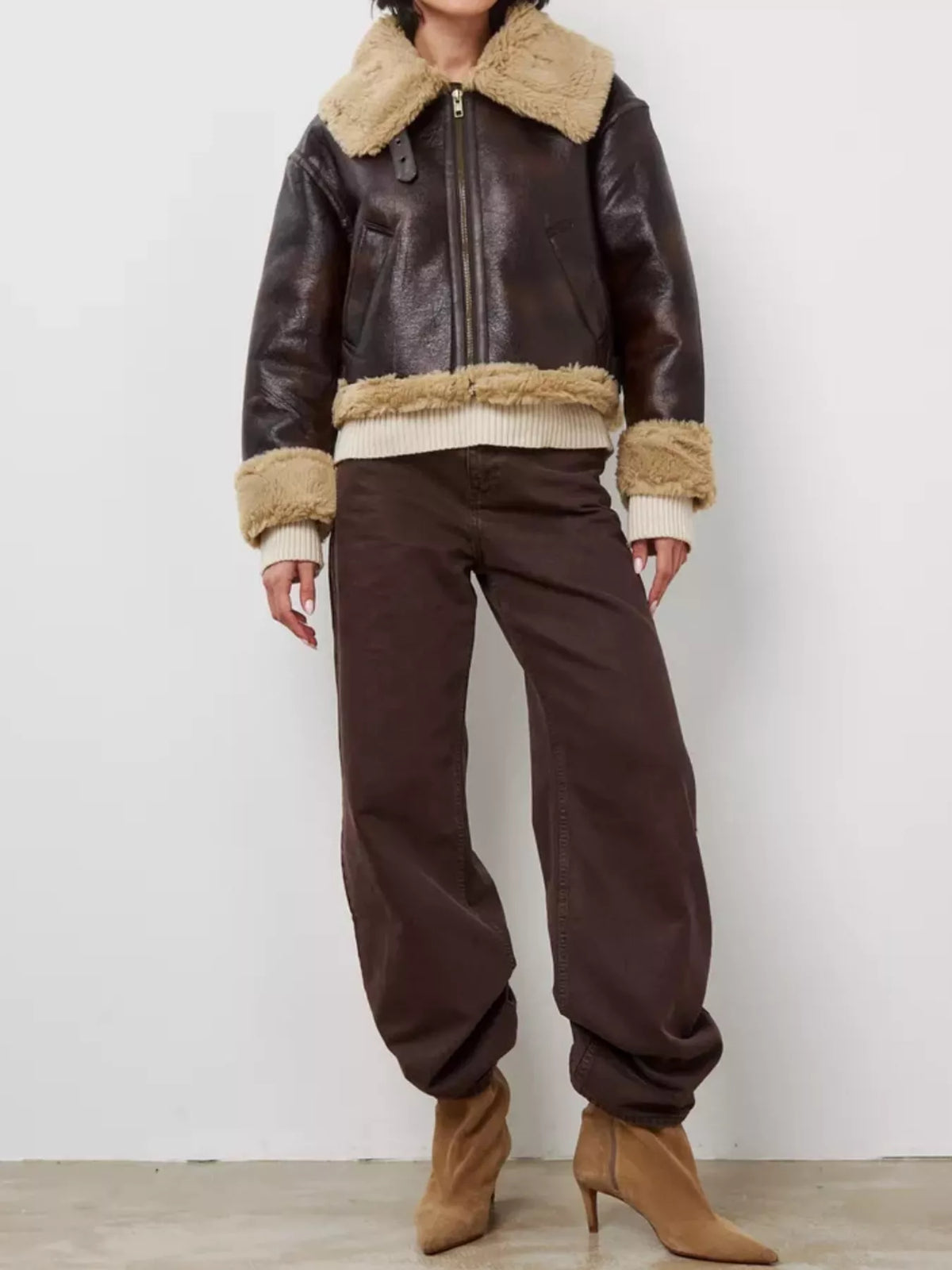 Faux Leather Aviator Jacket with Shearling Trim - Premium variable from Tooksie - Just $120.99! Shop now at Tooksie