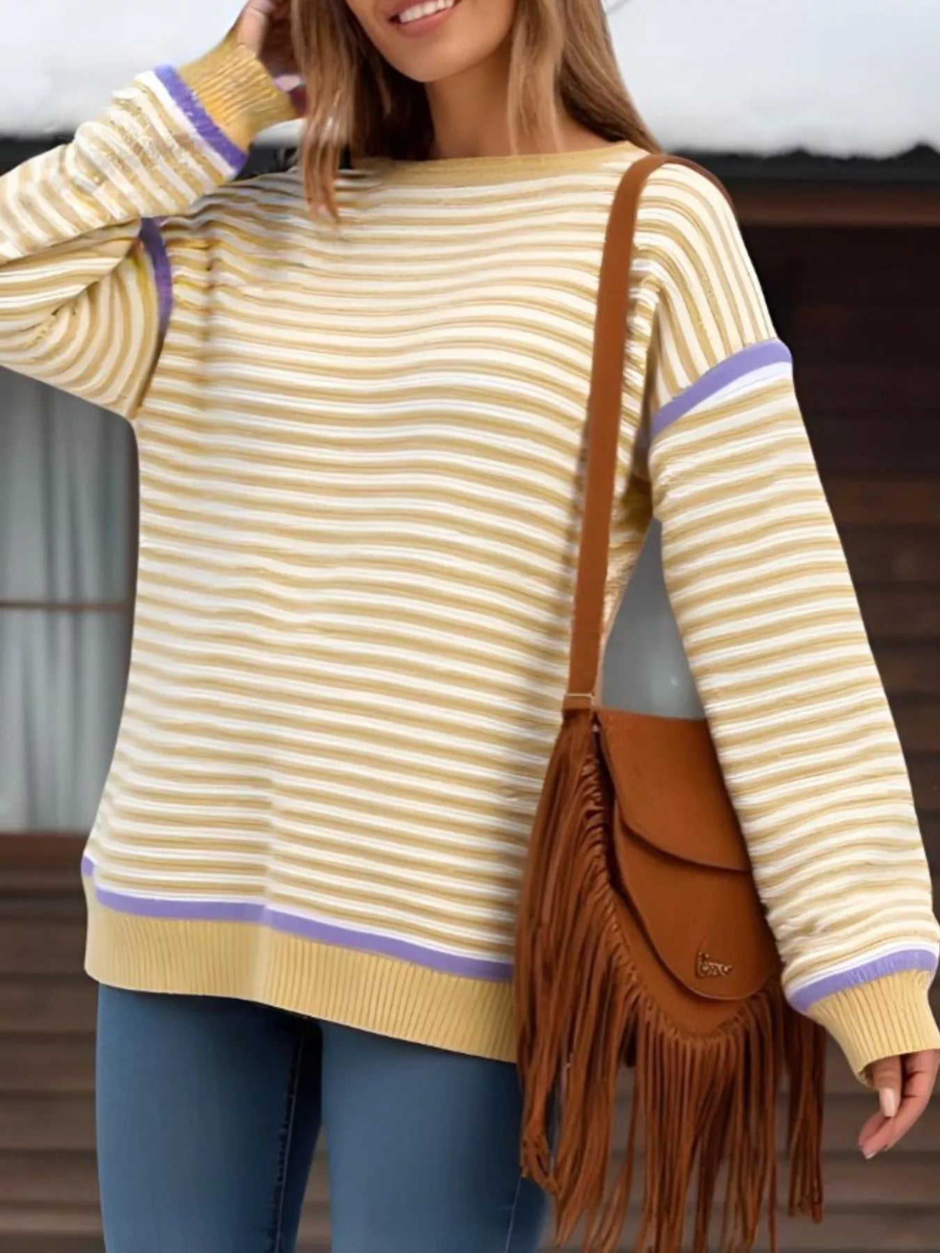 Striped Crew Neck Sweater - Premium variable from Tooksie - Just $43.99! Shop now at Tooksie