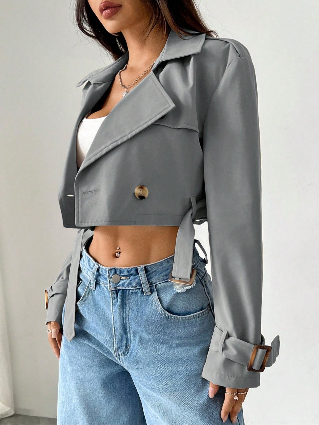 Double-Breasted Cropped Trench Coat - Premium variable from Tooksie - Just $47.99! Shop now at Tooksie