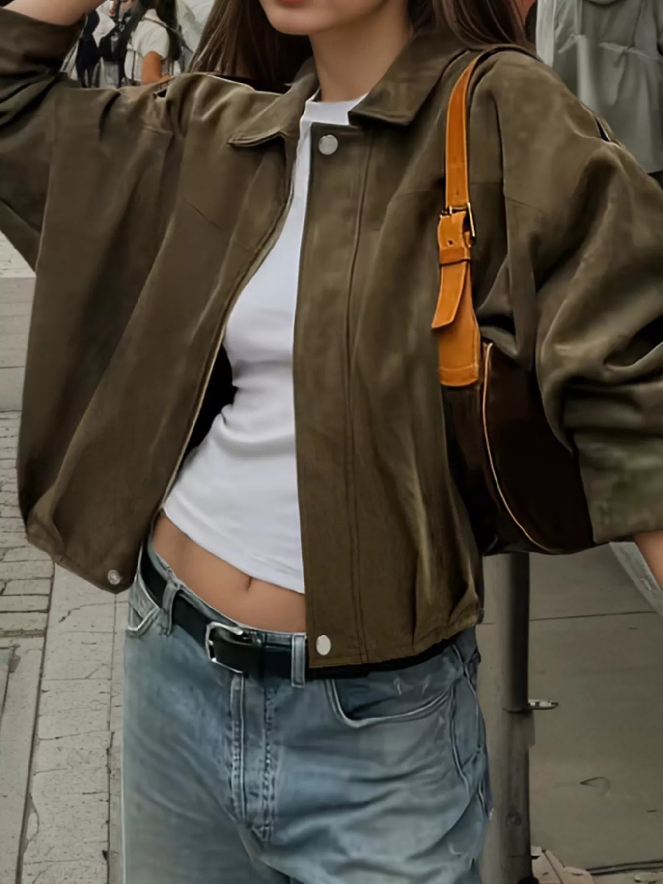 Suede Inspired Cropped Bomber Jacket - Premium variable from Tooksie - Just $65.99! Shop now at Tooksie