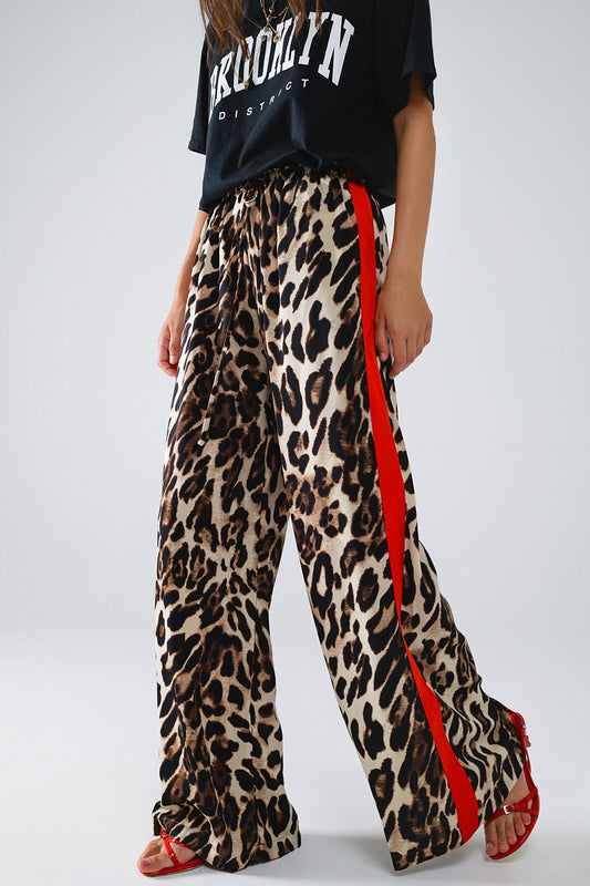Leopard Print Wide Leg Trousers with Red Stripe - Premium variable from Tooksie - Just $64.90! Shop now at Tooksie