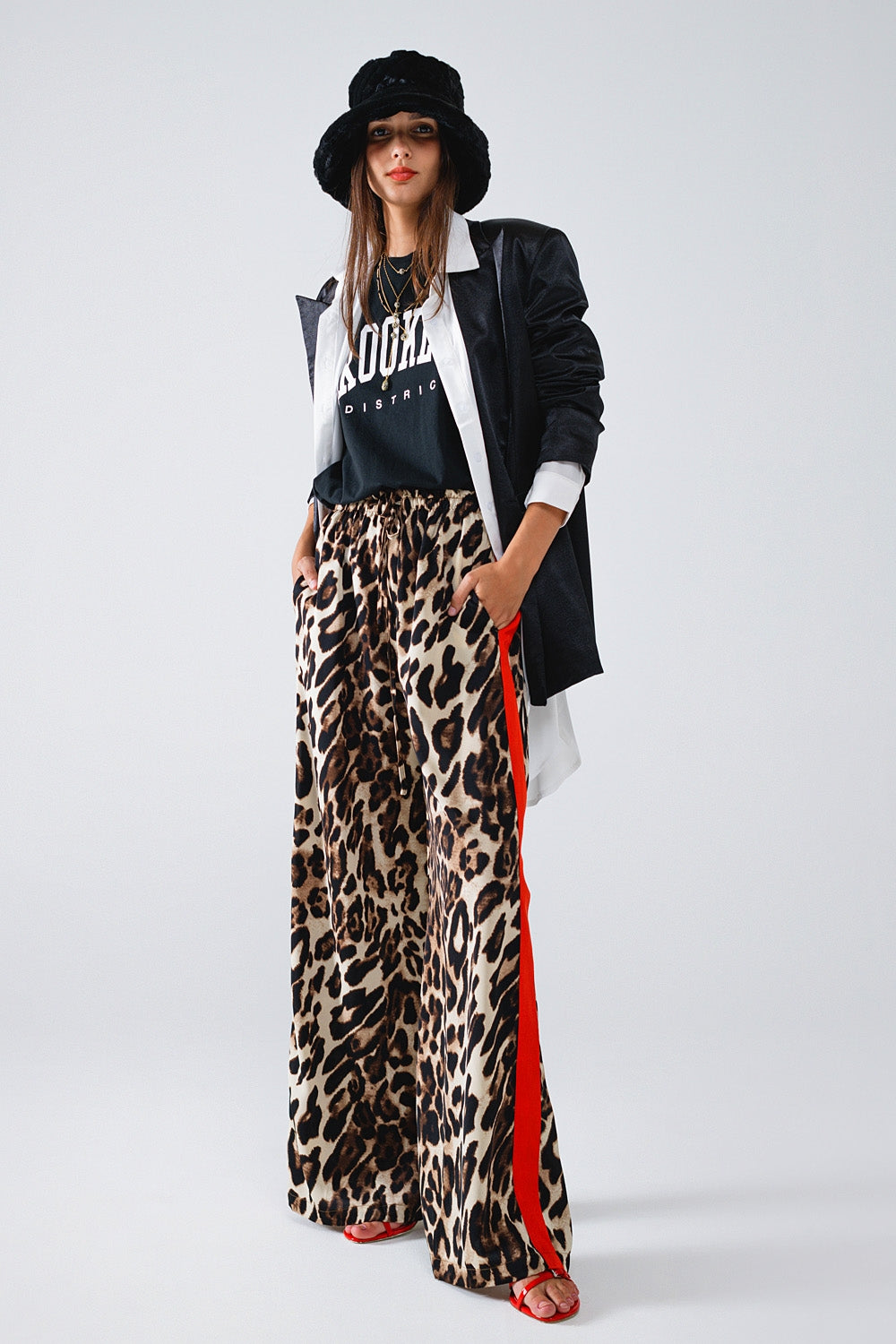 Leopard Print Wide Leg Trousers with Red Stripe - Premium variable from Tooksie - Just $64.90! Shop now at Tooksie