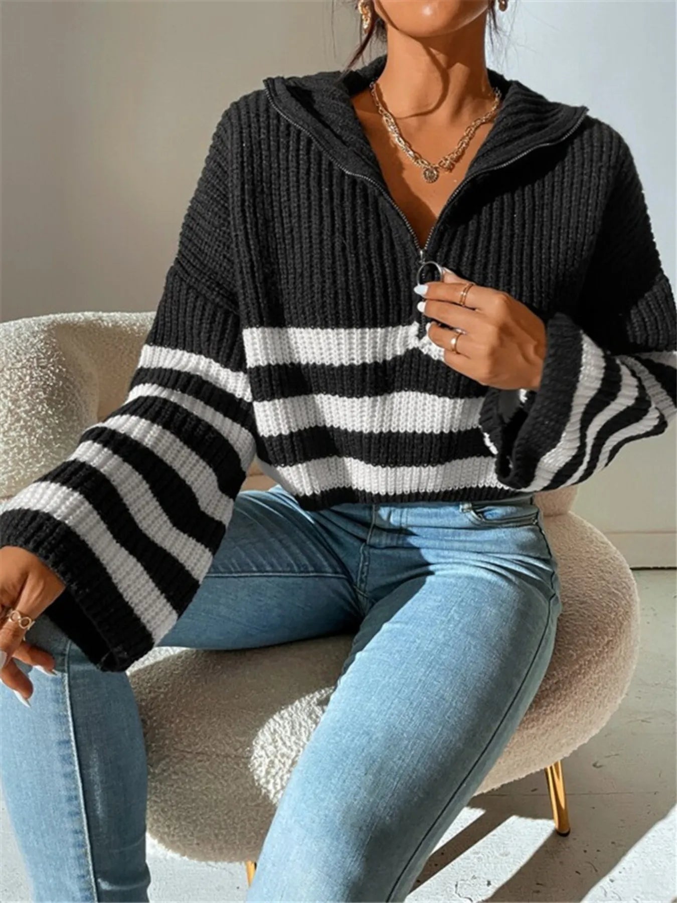 Striped Half Zip Cropped Sweater - Premium variable from Tooksie - Just $39.99! Shop now at Tooksie