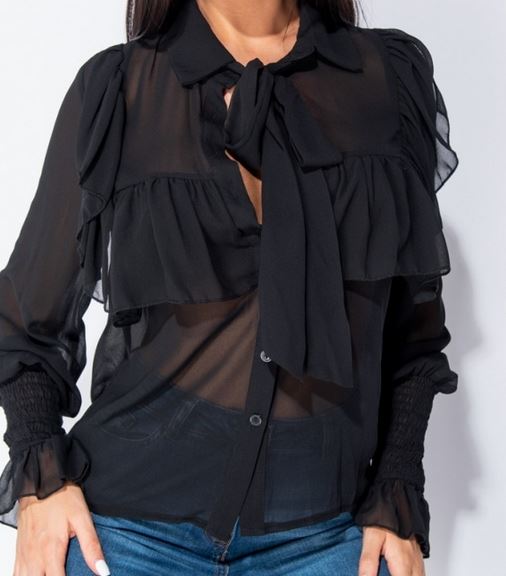 Black Pussy Bow Ruffle Trim Blouse - Premium variable from Tooksie - Just $24.99! Shop now at Tooksie