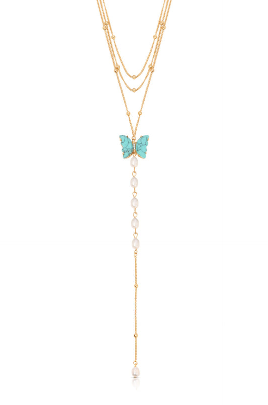 Turquoise Butterfly Pearl Chain Lariat Necklace - Premium Necklaces from Ettika - Just $60! Shop now at Tooksie