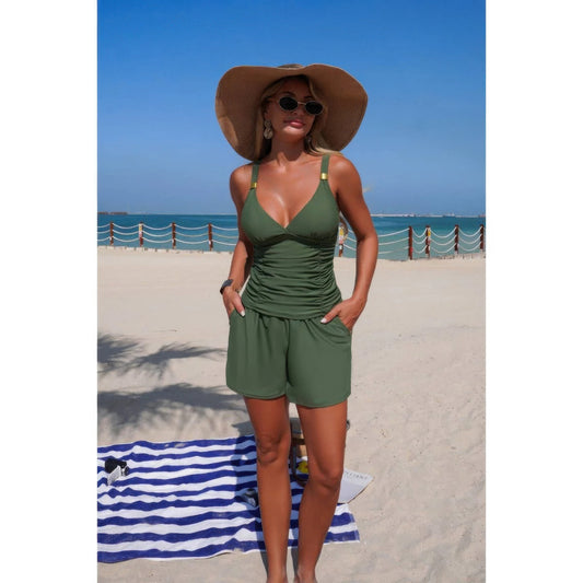 Ruched V-Neck Pocketed Bikini - Premium variable from Tooksie - Just $39.99! Shop now at Tooksie