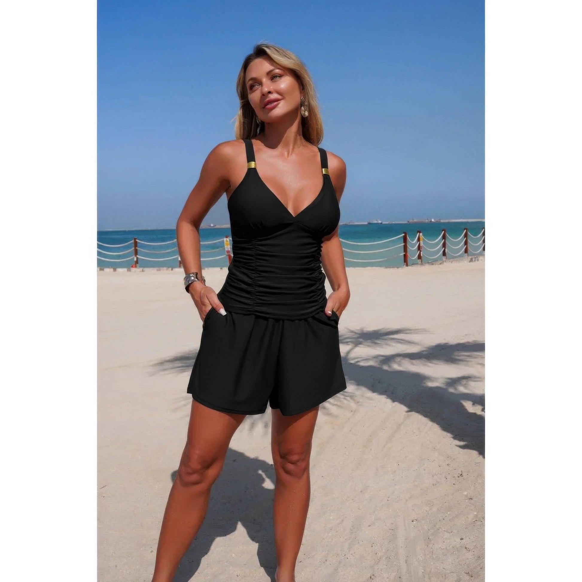 Ruched V-Neck Pocketed Bikini - Premium variable from Tooksie - Just $39.99! Shop now at Tooksie