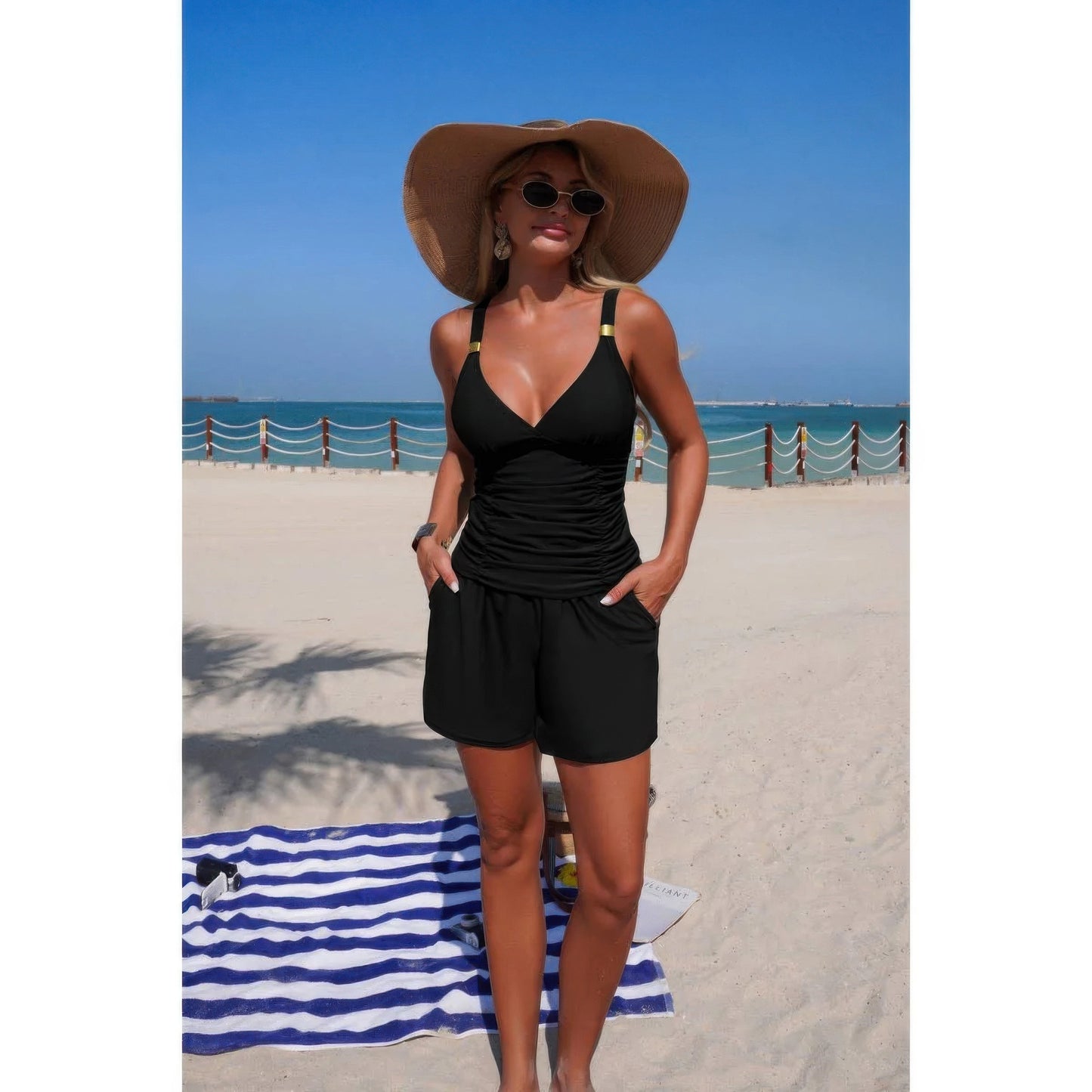 Ruched V-Neck Pocketed Bikini - Premium variable from Tooksie - Just $39.99! Shop now at Tooksie