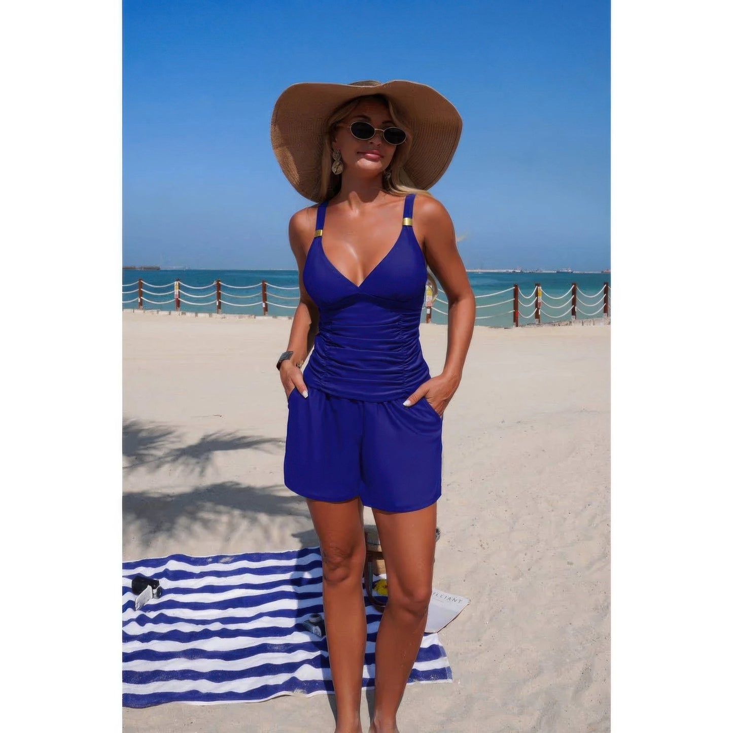 Ruched V-Neck Pocketed Bikini - Premium variable from Tooksie - Just $39.99! Shop now at Tooksie