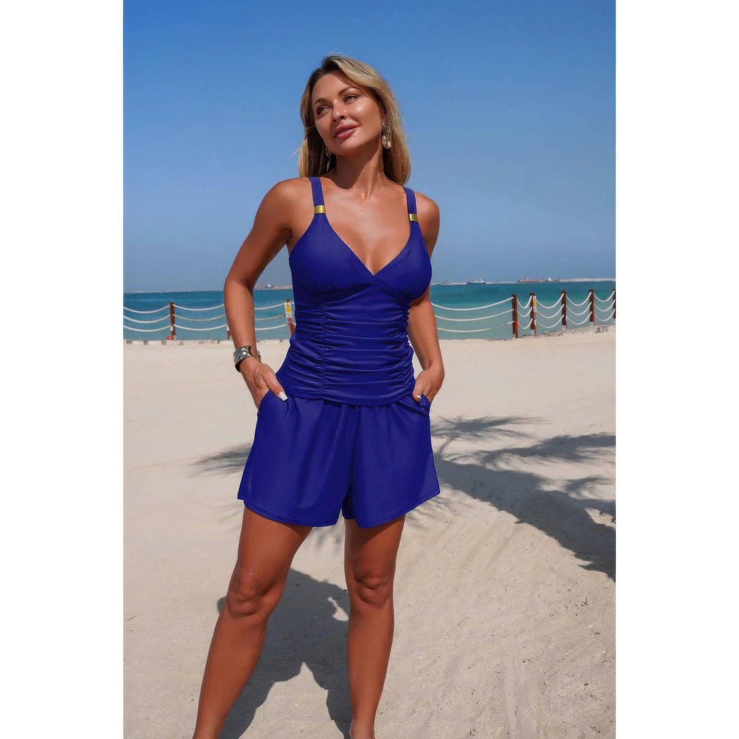 Ruched V-Neck Pocketed Bikini - Premium variable from Tooksie - Just $39.99! Shop now at Tooksie