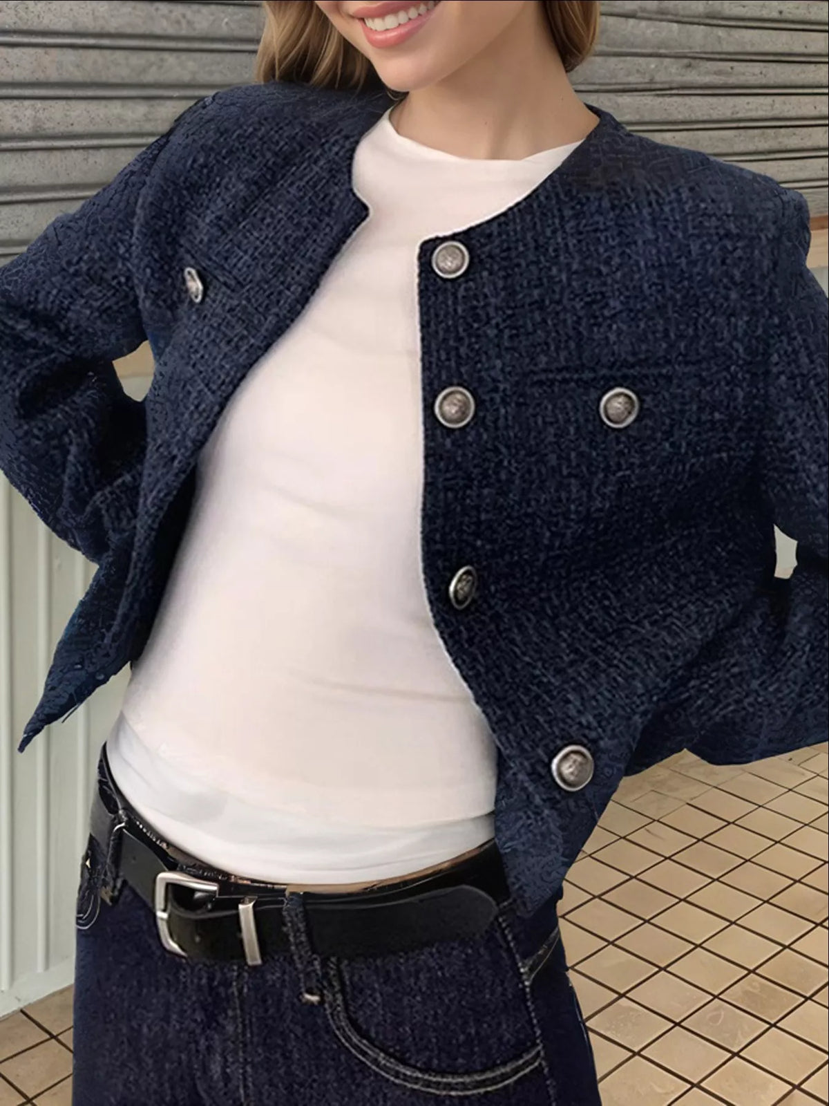 Tweed Collarless Button-Front Blazer - Premium variable from Tooksie - Just $65.99! Shop now at Tooksie