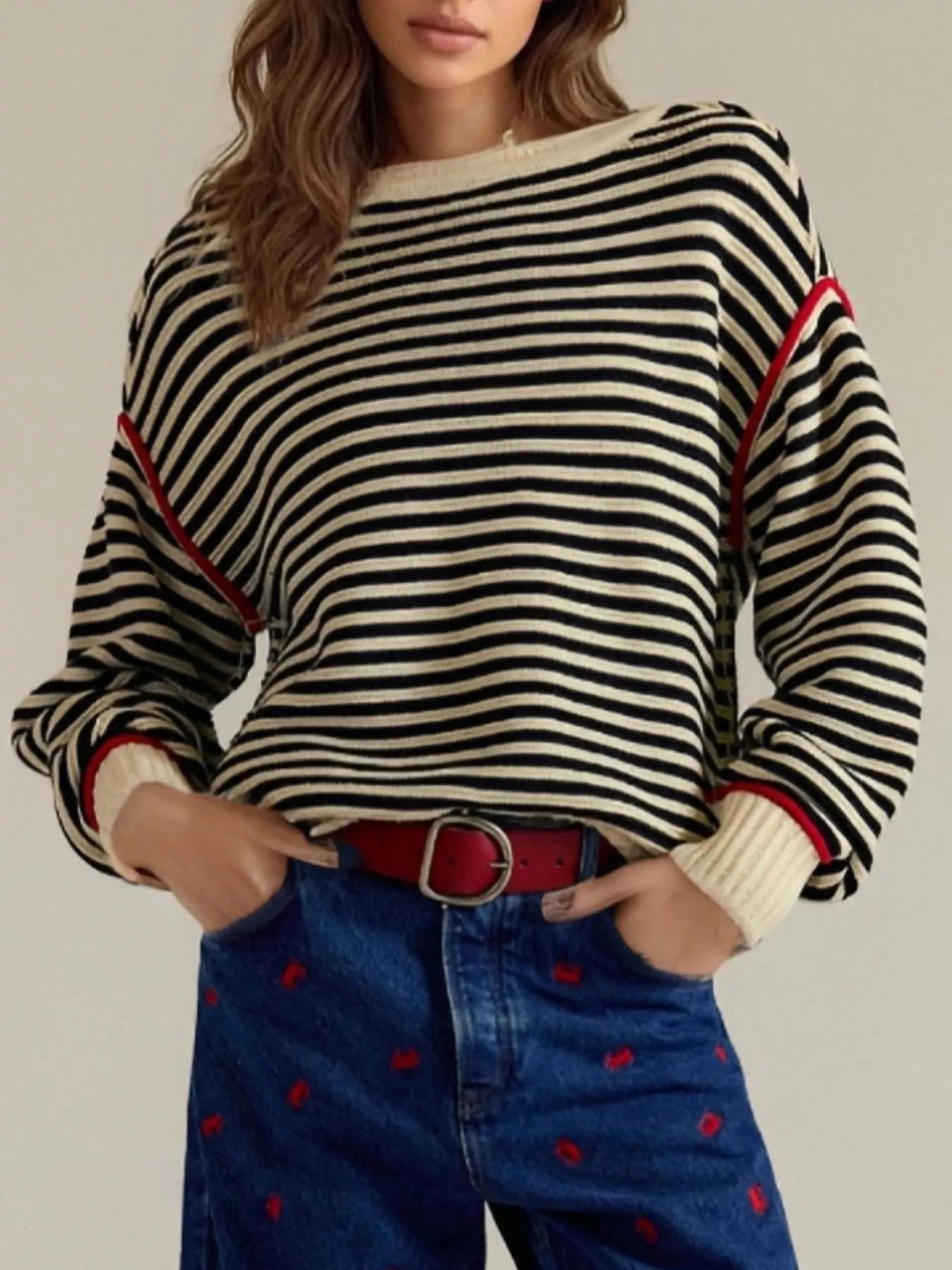 Striped Crew Neck Sweater - Premium variable from Tooksie - Just $43.99! Shop now at Tooksie