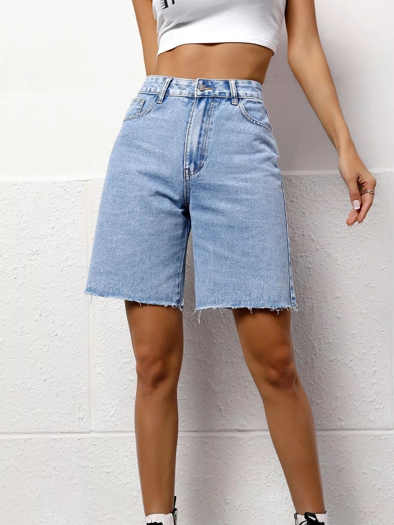 High Waisted Denim Bermuda Shorts - Premium variable from Tooksie - Just $27.99! Shop now at Tooksie