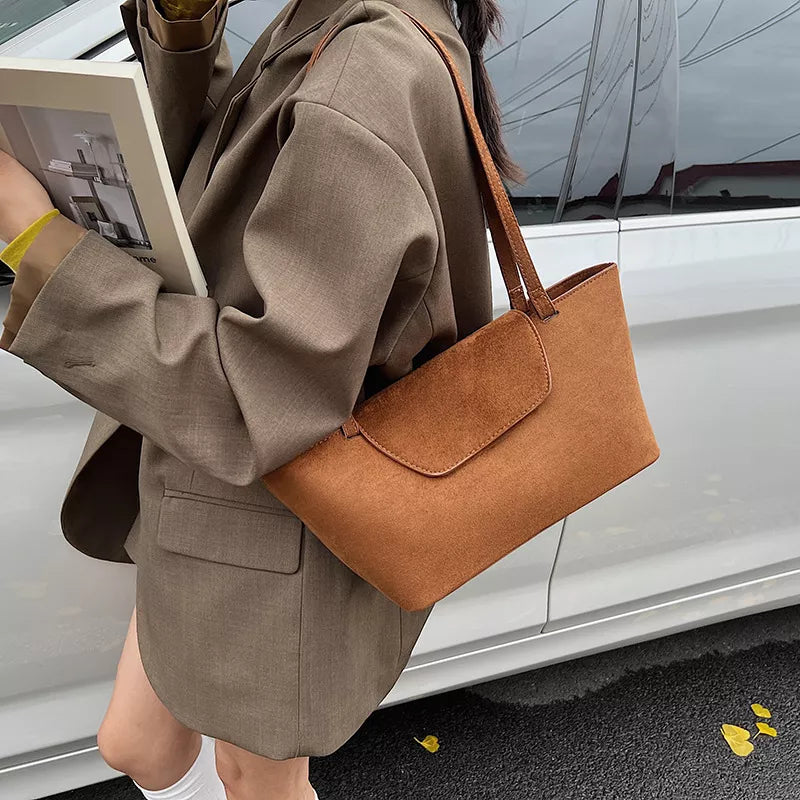 Suede Inspired Flap Decor Tote - Premium variable from Tooksie - Just $34.99! Shop now at Tooksie