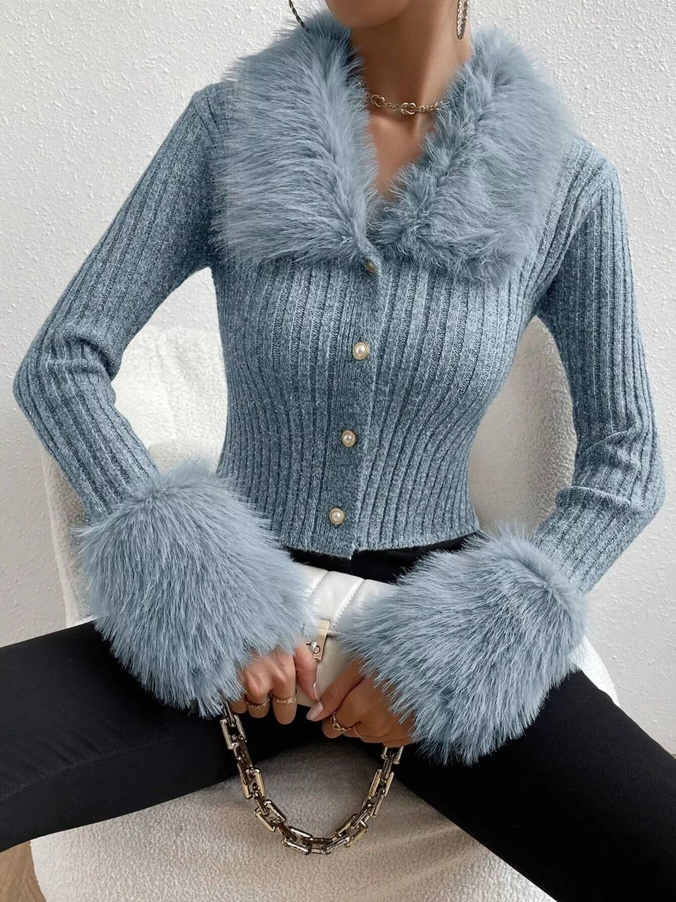 Faux Fur Trim Ribbed Knit Cropped Cardigan - Premium variable from Tooksie - Just $49.99! Shop now at Tooksie