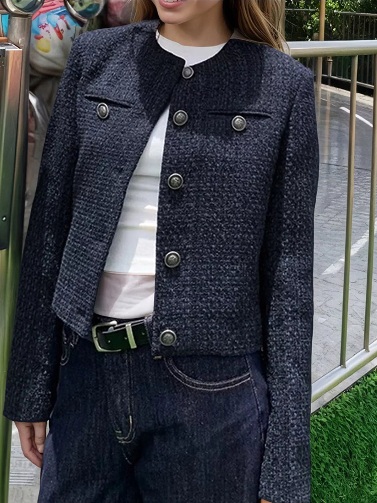 Tweed Collarless Button-Front Blazer - Premium variable from Tooksie - Just $65.99! Shop now at Tooksie