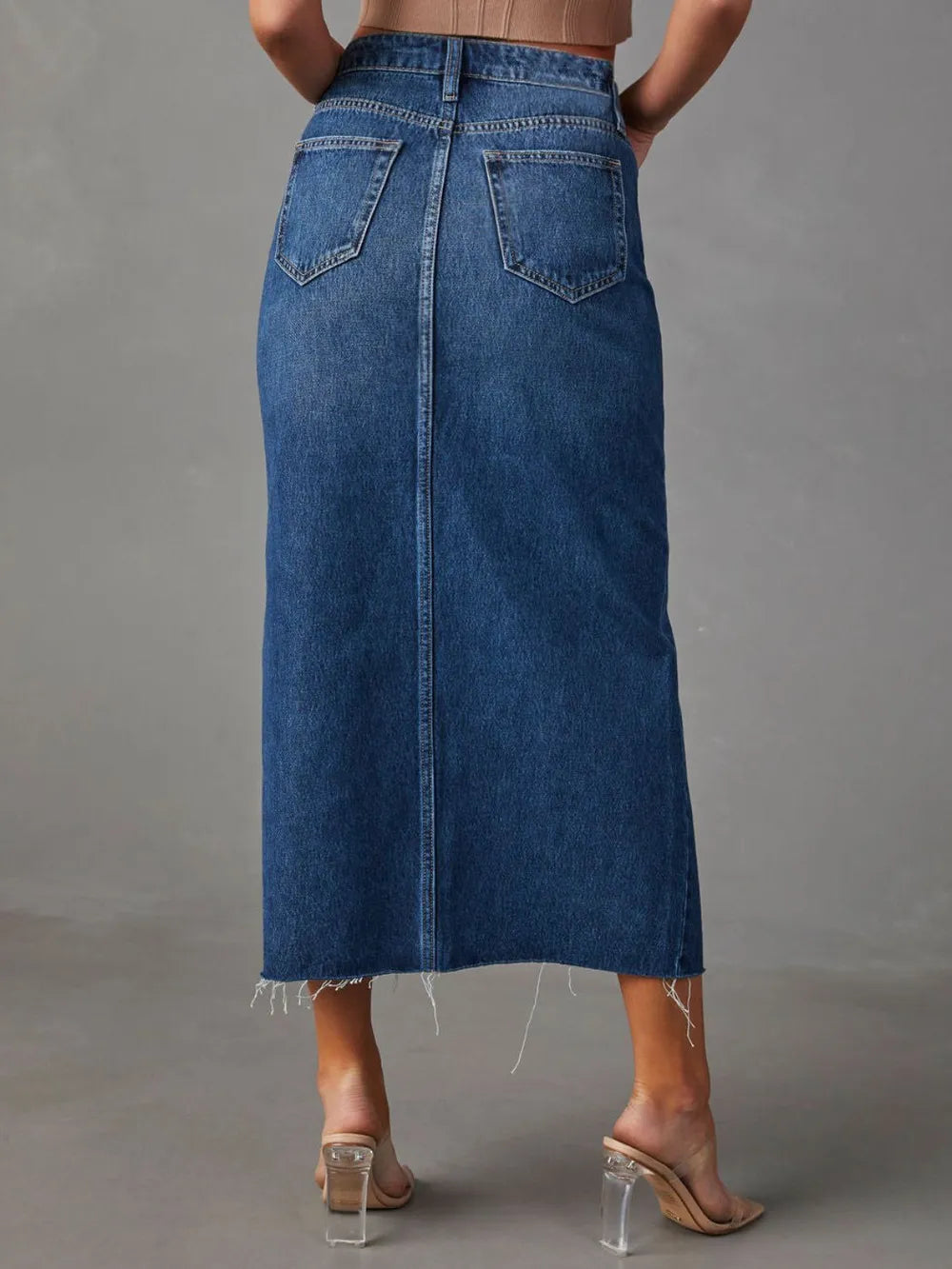 Raw Hem Front Slit Denim Midi Skirt - Premium variable from Tooksie - Just $34.99! Shop now at Tooksie