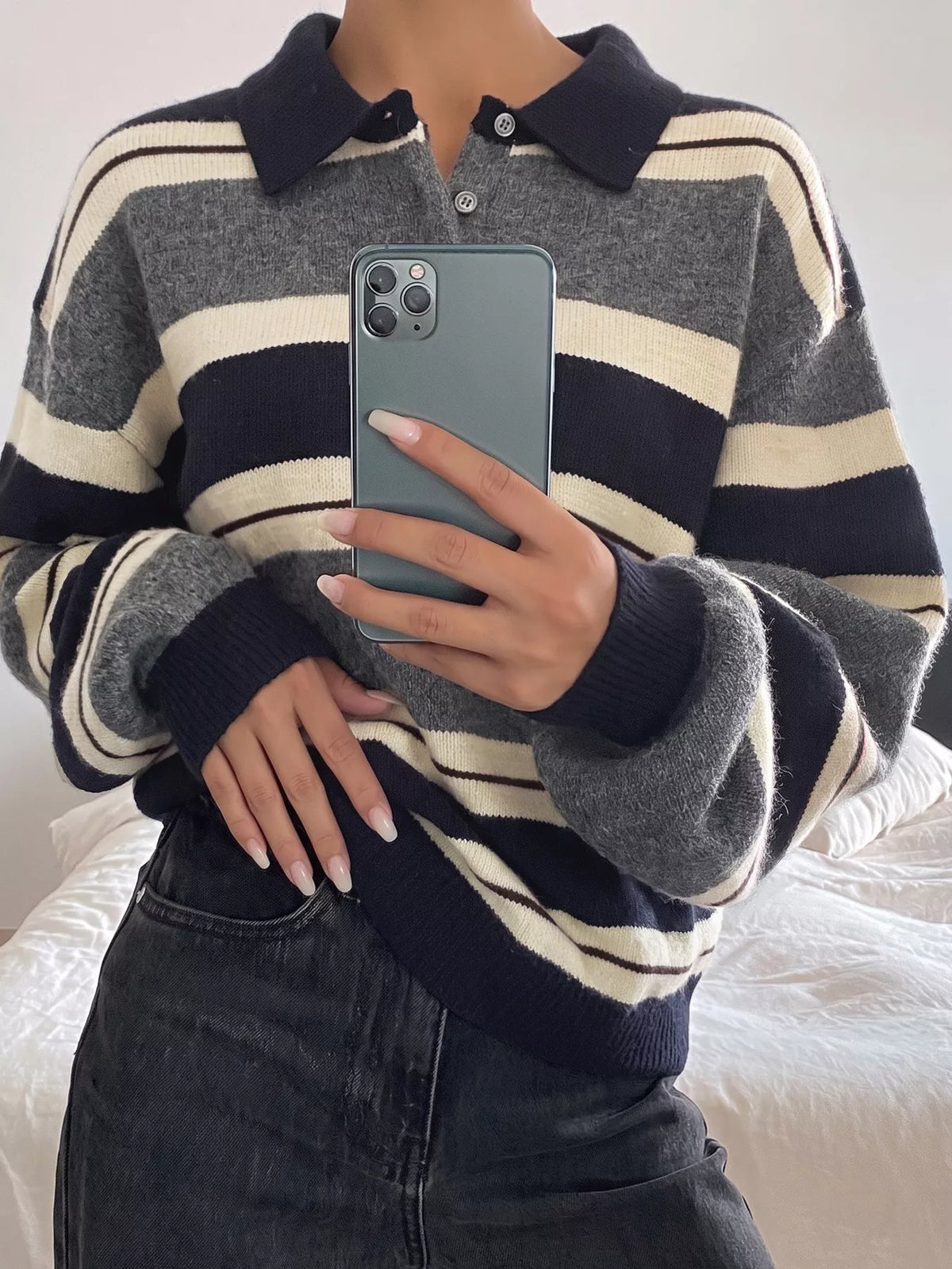 Striped Long Sleeve Button Detail Polo Sweater - Premium variable from Tooksie - Just $41.99! Shop now at Tooksie