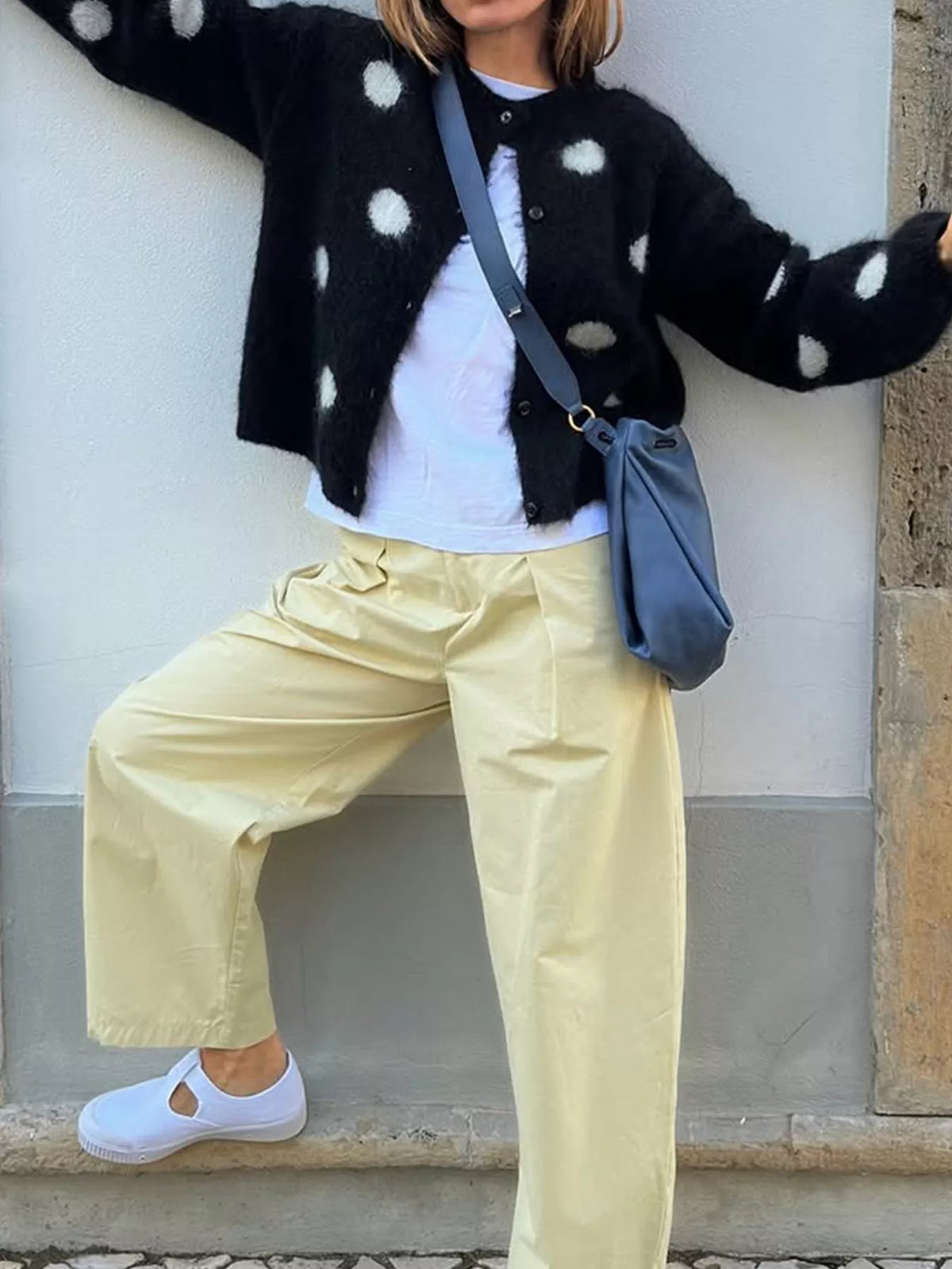Polka Dot Fuzzy Knit Button-Up Cardigan - Premium variable from Tooksie - Just $54.99! Shop now at Tooksie
