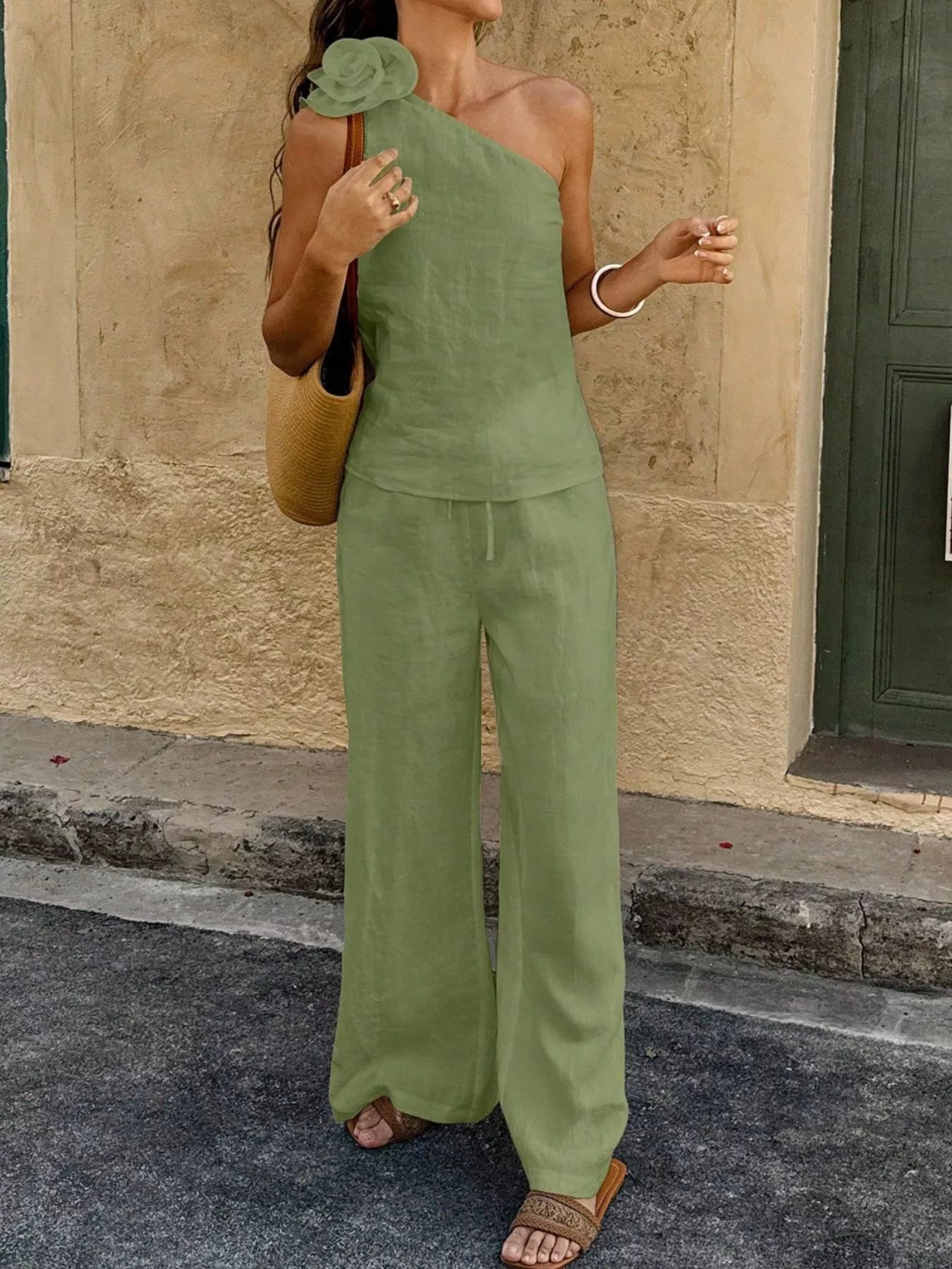 One-Shoulder Floral Embellished Top and Trouser Set - Premium variable from Tooksie - Just $46.99! Shop now at Tooksie