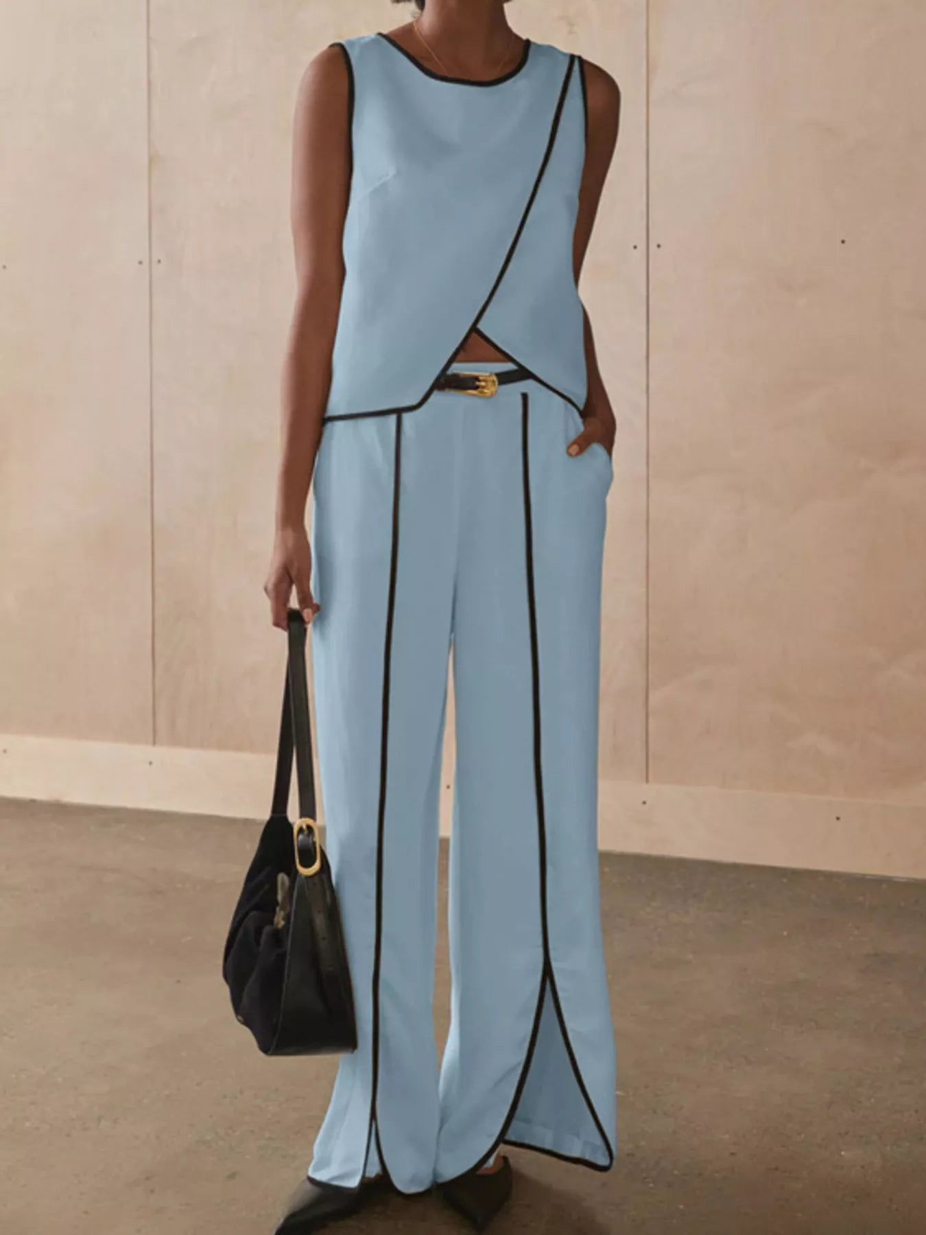 Contrast Trim Sleeveless Top and Wide-Leg Trouser Set - Premium variable from Tooksie - Just $76.99! Shop now at Tooksie