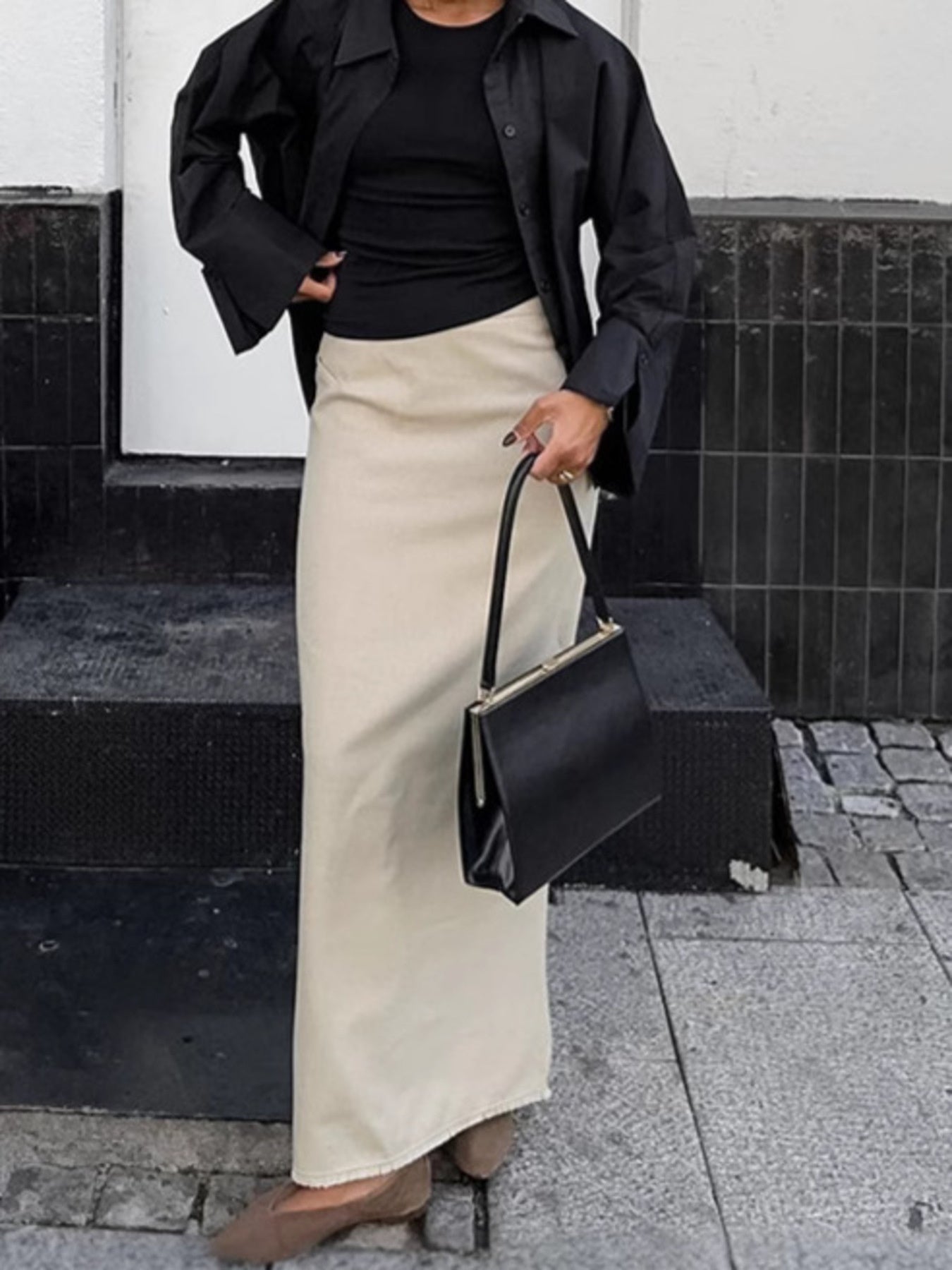 Slit Midi Skirt With Frayed Hem - Premium variable from Tooksie - Just $41.99! Shop now at Tooksie