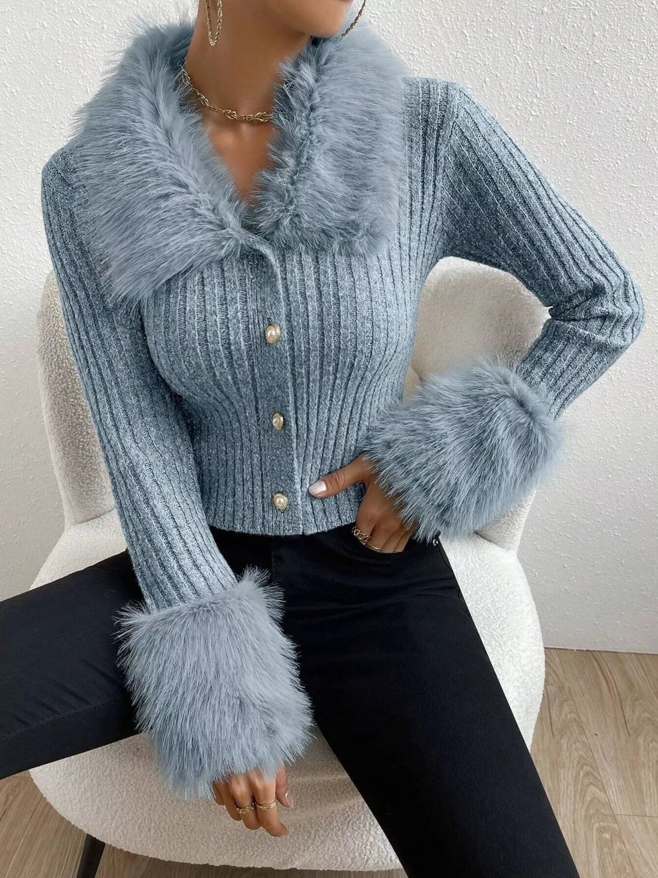 Faux Fur Trim Ribbed Knit Cropped Cardigan - Premium variable from Tooksie - Just $49.99! Shop now at Tooksie
