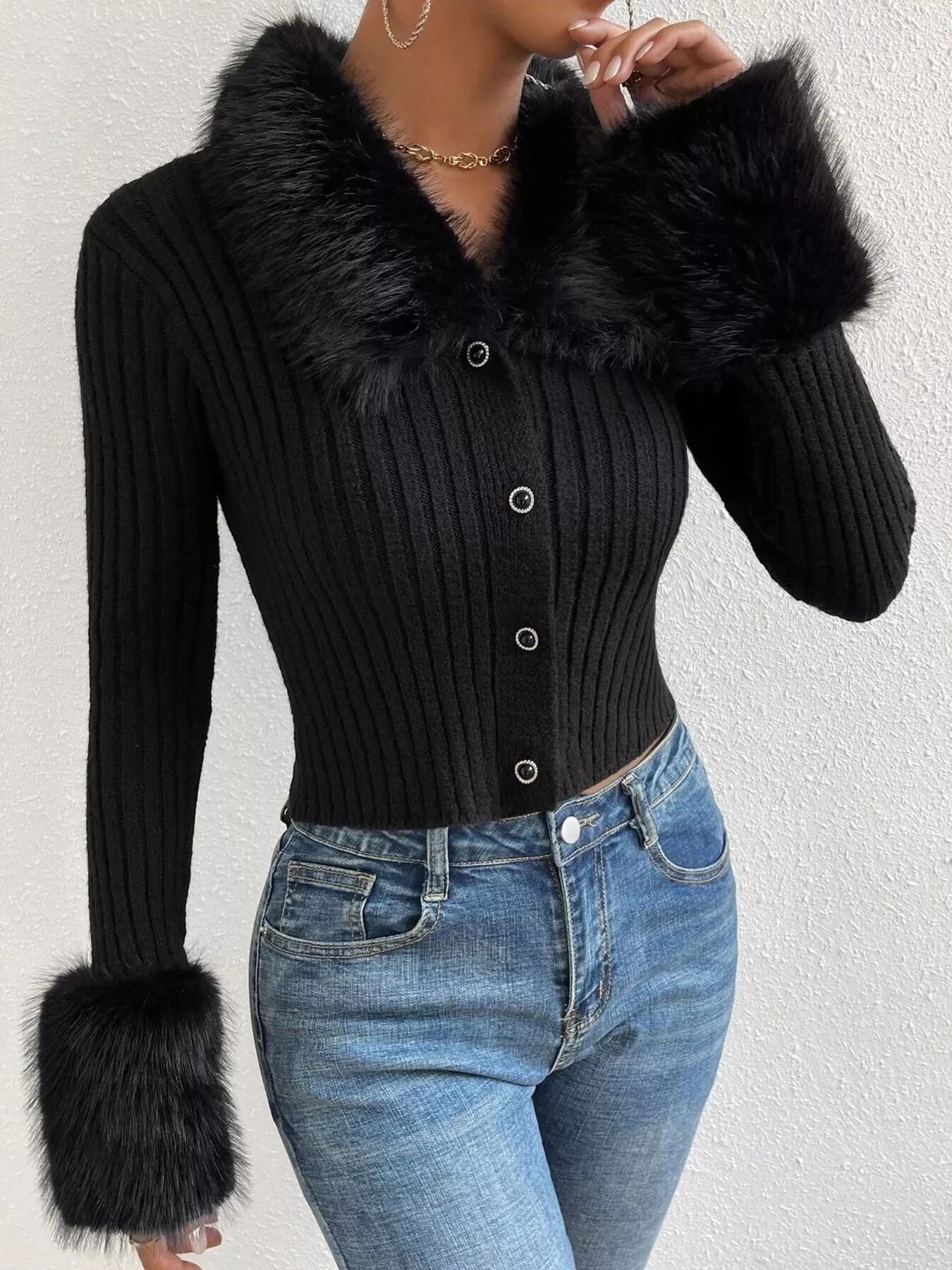 Faux Fur Trim Ribbed Knit Cropped Cardigan - Premium variable from Tooksie - Just $49.99! Shop now at Tooksie