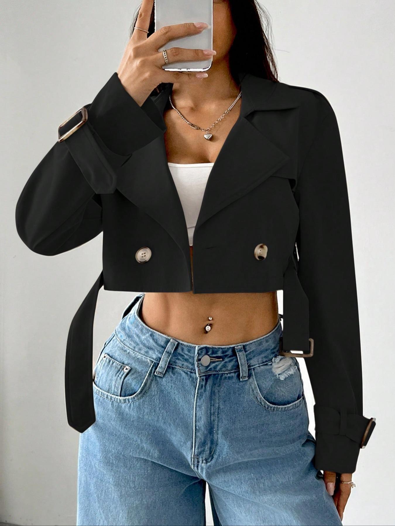 Double-Breasted Cropped Trench Coat - Premium variable from Tooksie - Just $47.99! Shop now at Tooksie