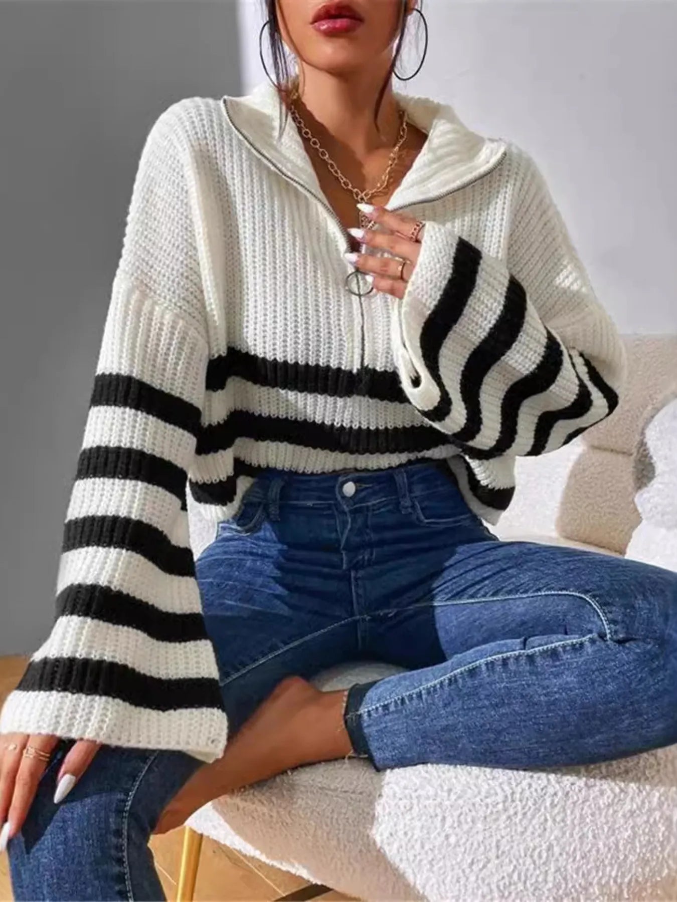Striped Half Zip Cropped Sweater - Premium variable from Tooksie - Just $39.99! Shop now at Tooksie